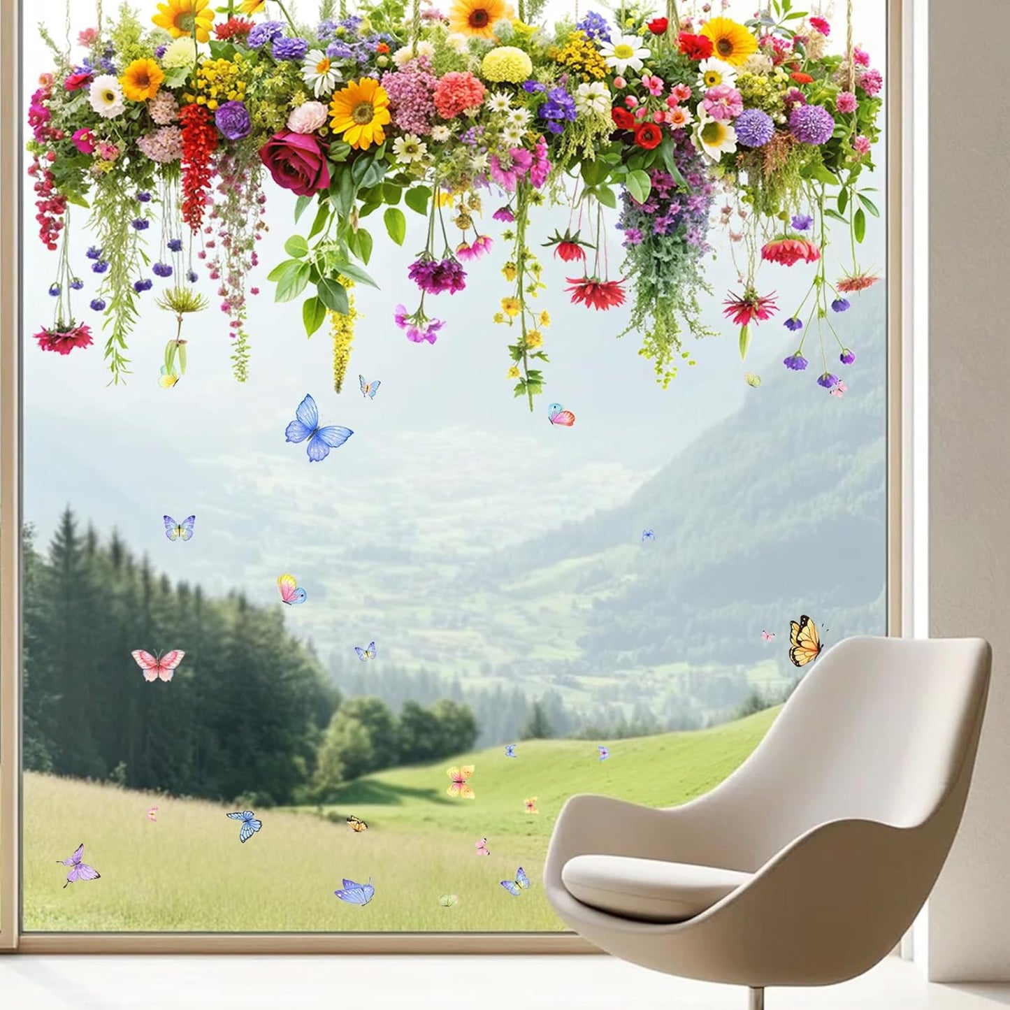 2 Set Colorful Floral Bouquet Window Stickers, Flower Butterfly Window Clings for Glass Windows,Floral Windows Film, Window Decals for Home Kitchen Bathroom Office Decoration
