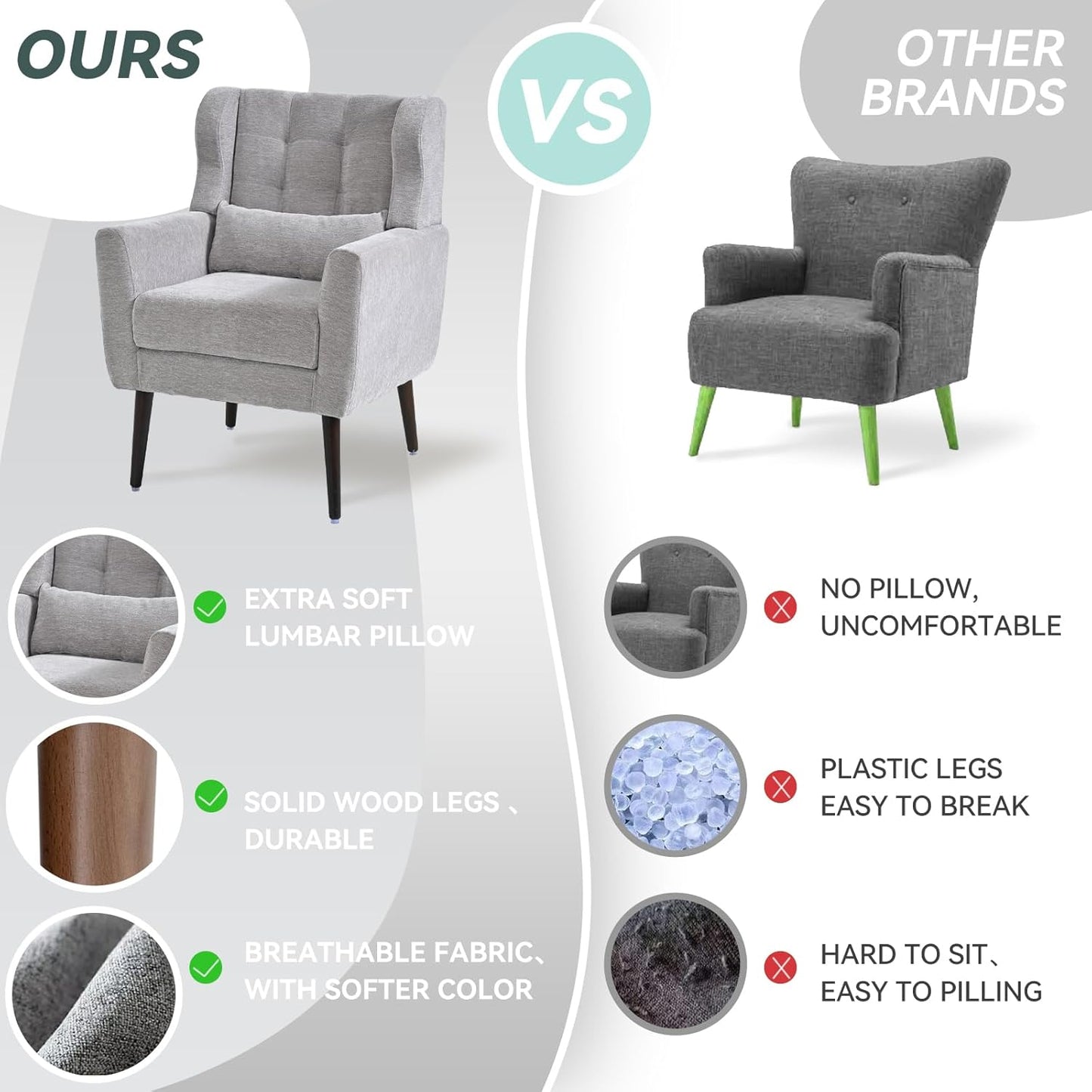 Accent Chair Set of 2, Upholstered Armchair with Pillow, Fabric Single Sofa Chair with Lounge Seat and Wood Legs Accent Chair for Living Room Small Spaces (Grey, Set of 2)