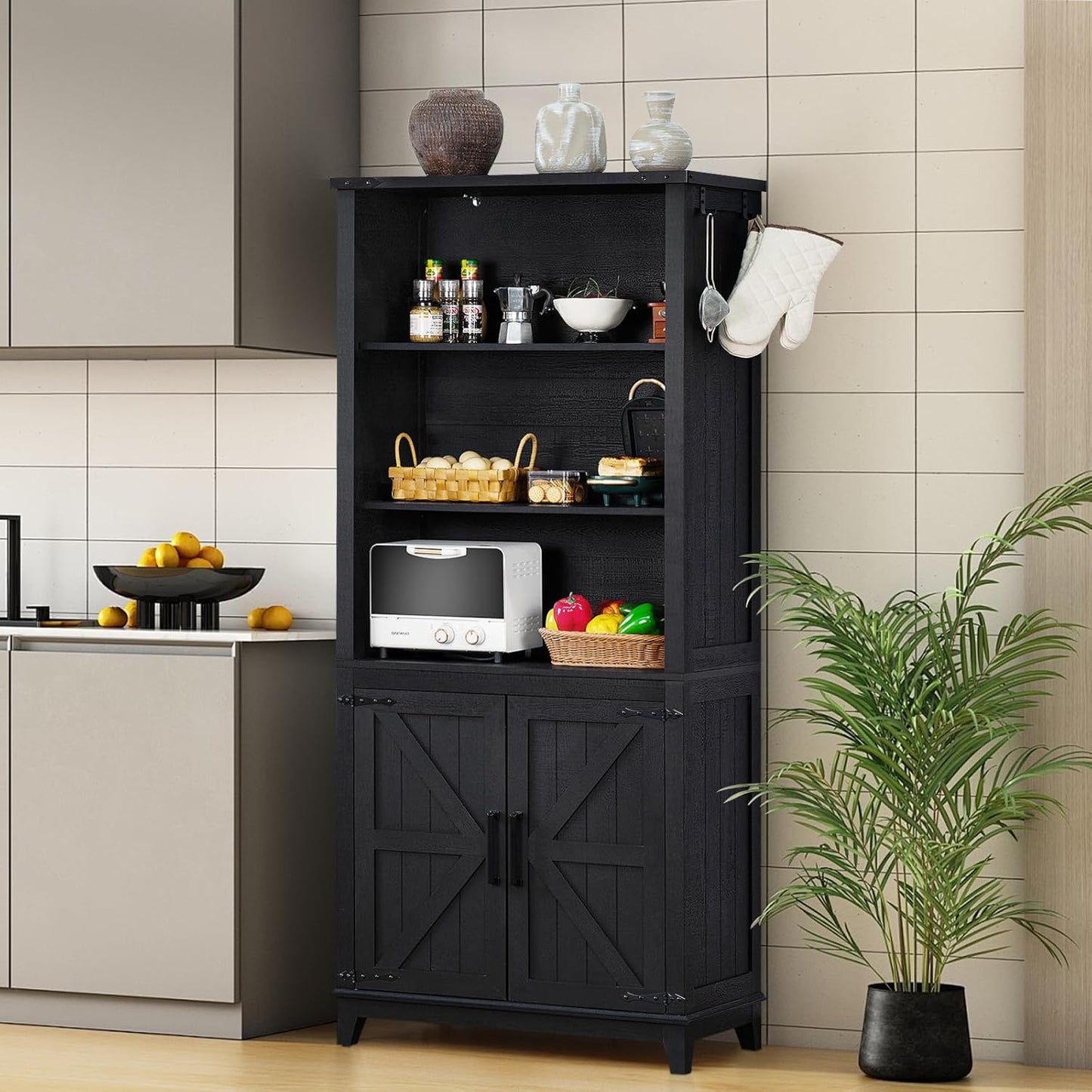 70in Tall Bookshelf 5 Tier Bookcase with Barn Doors and Adjustable Shelves, Black Farmhouse Book Shelf with Storage Cabinet, Wood Freestanding Display Bookshelves for Bedroom, Living Room