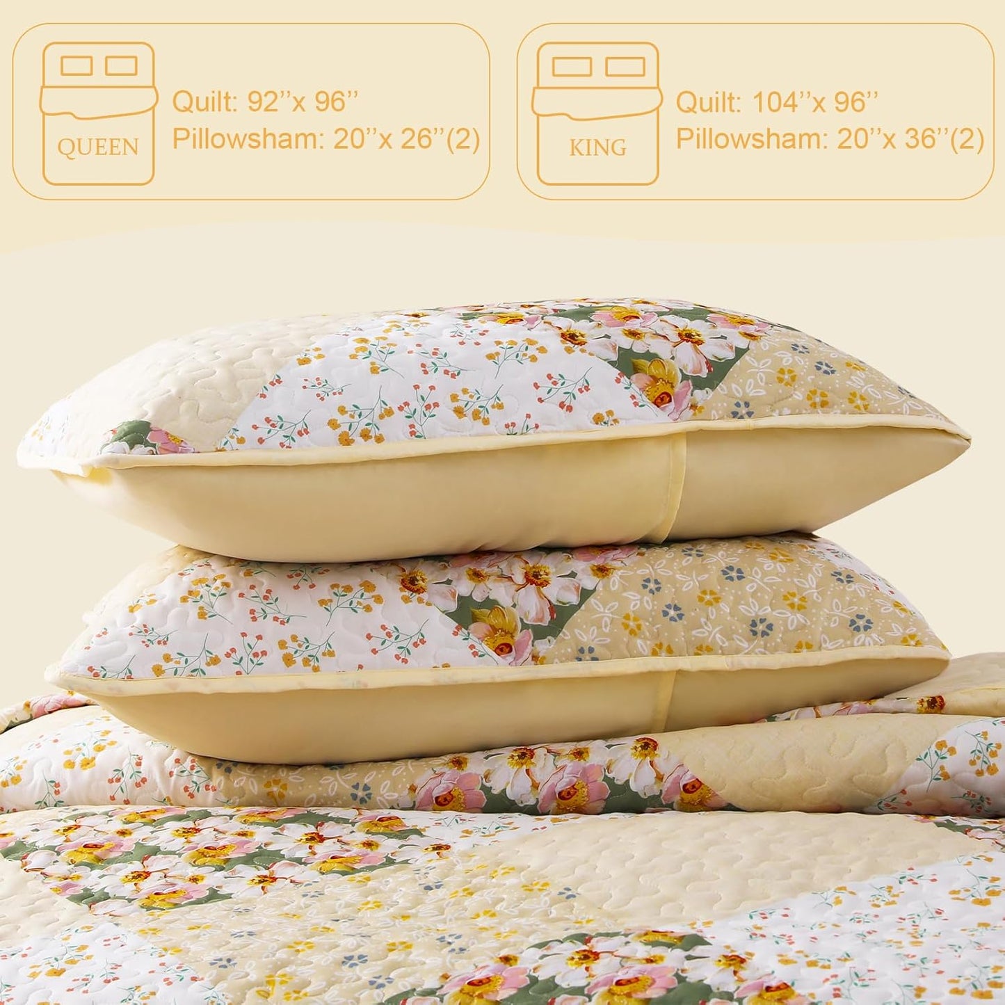 Exclusivo Mezcla Reversible Boho Quilt Set King Size, 3 Pieces Patchwork Yellow All Season Bedspreads, Ultra Soft Floral Coverlet Bedding Set with Printed Pattern (1 Quilt, 2 Pillow Shams)