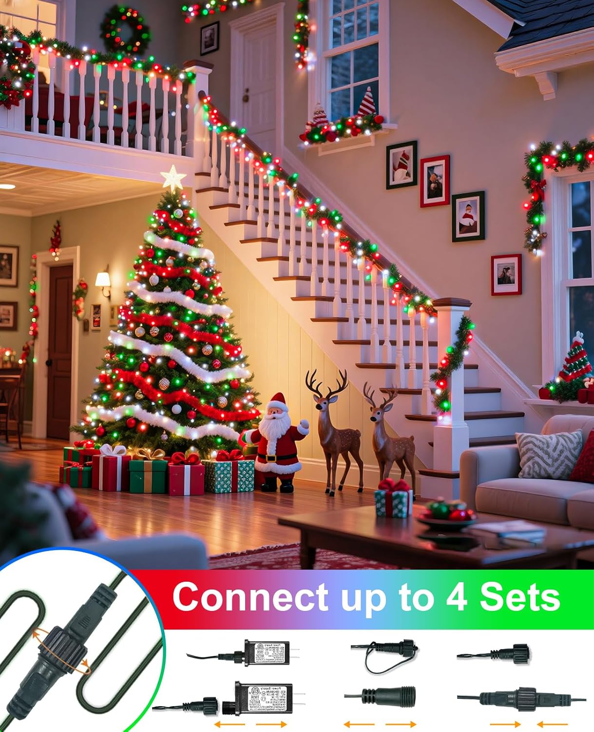 80FT 240 LED Christmas Lights Outdoor, Plug in Christmas Tree Lights Waterproof 8 Modes, Green Wire Connectable String Light for Indoor Garden Xmas Party Holiday Decorations, Red White Green