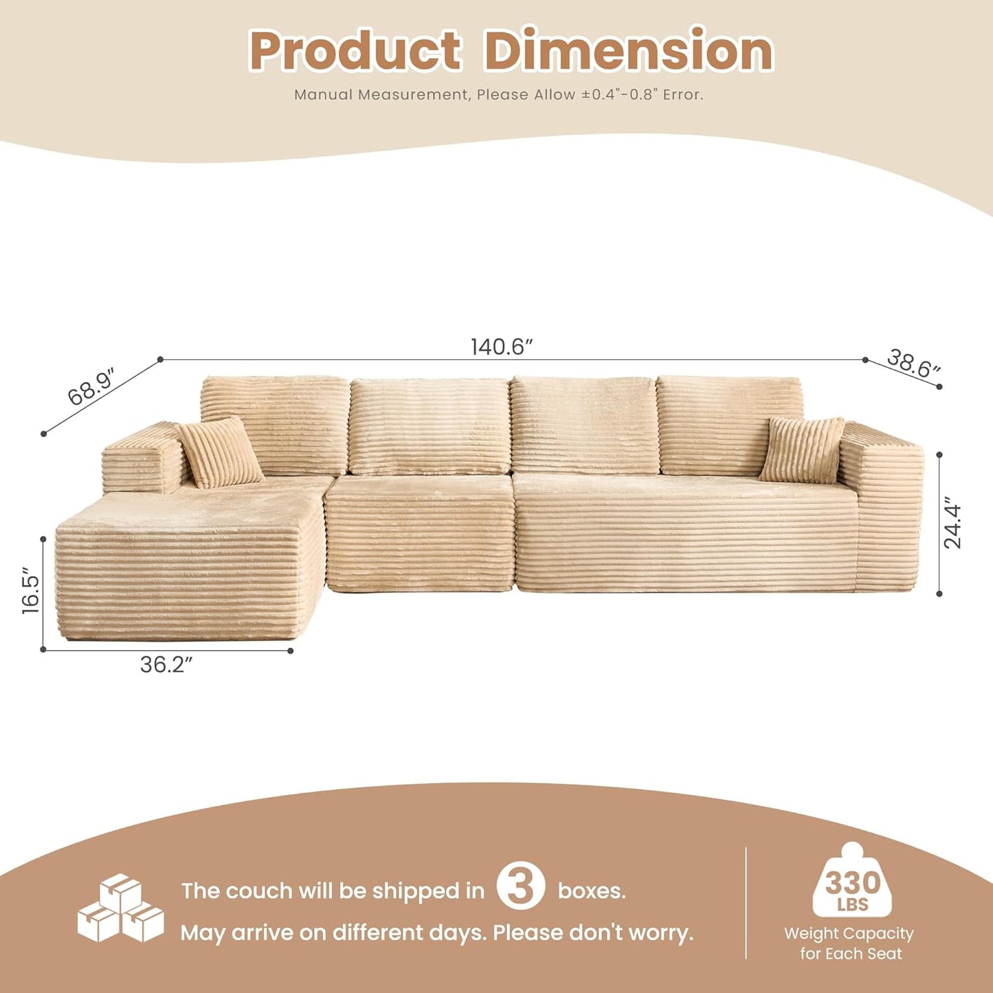 HOOOWOOO Cloud Sectional Couches for Living Room,Modular Sectional Sofa No Assembly,141X70 Inch Plush Corduroy Large L Shaped Floor Couch Set with Deep Seat Chaise(Beige)
