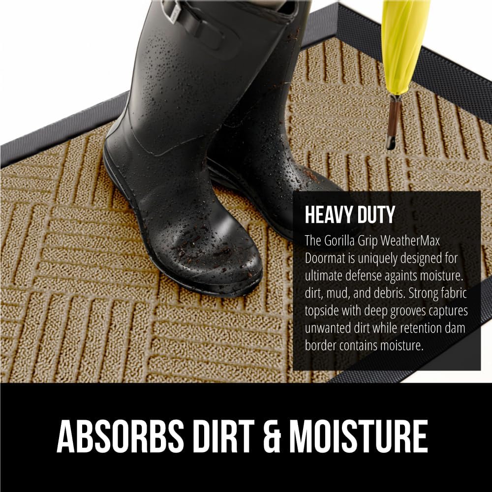 GORILLA GRIP 100% Waterproof All-Season WeatherMax Doormat US Designed Natural Rubber, Stain and Fade Resistant, Low Profile Indoor Outdoor Door Mats, Easy Clean Patio Mat, 23x35, Beige Diamond