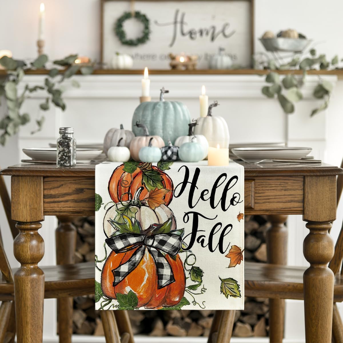 Artoid Mode Pumpkins Bowknot Maple Leaf 210 GSM Fall Table Runner, Seasonal Autumn Kitchen Dining Table Decoration for Home Party Decor 13x90 Inch