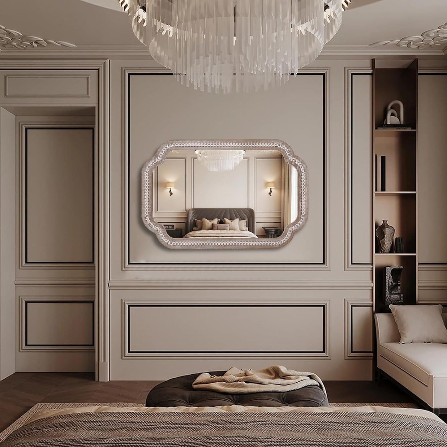 36x24'' Boho Decorative Wall Mirrors with Beaded, Wooden Scalloped Bathroom Mirrors for Over Sink, Farmhouse Style for Bedroom, Living Room, Entryway - Vertical/Horizontal Hanging