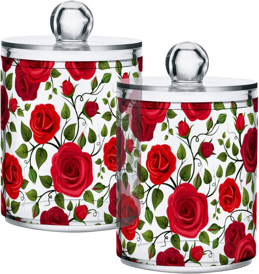 2 Pack Qtip Holder Dispenser Red Rose Flowers Bathroom Storage Canister Lid Acrylic Plastic Apothecary Jar Set Vanity Makeup Organizer for Cotton Swab/Ball/Round Pads, Floss