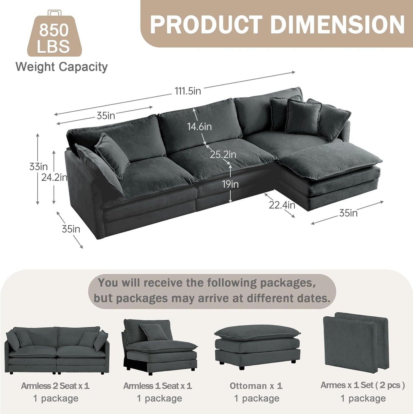 Sectional Sofa 3 Seater with Movable 1 Ottoman,Oversized Modular Couch Deep Seat (Grey, 111.5 inch-L)