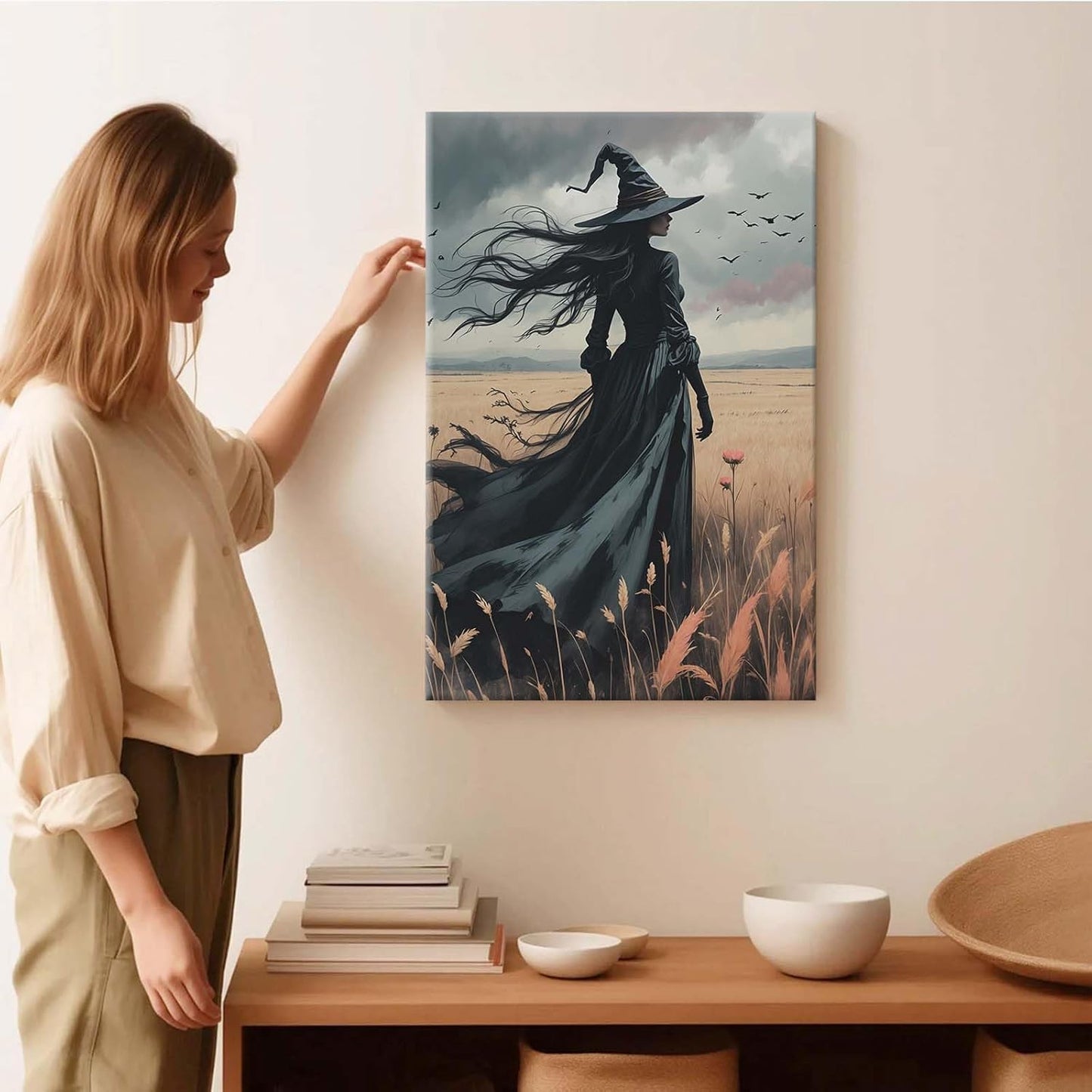 Gothic Decor Canvas Wall Art Witch in Rice Field Halloween Art Decor Print Nature Print Victorian Home Bedroom28x40in Wood Framed