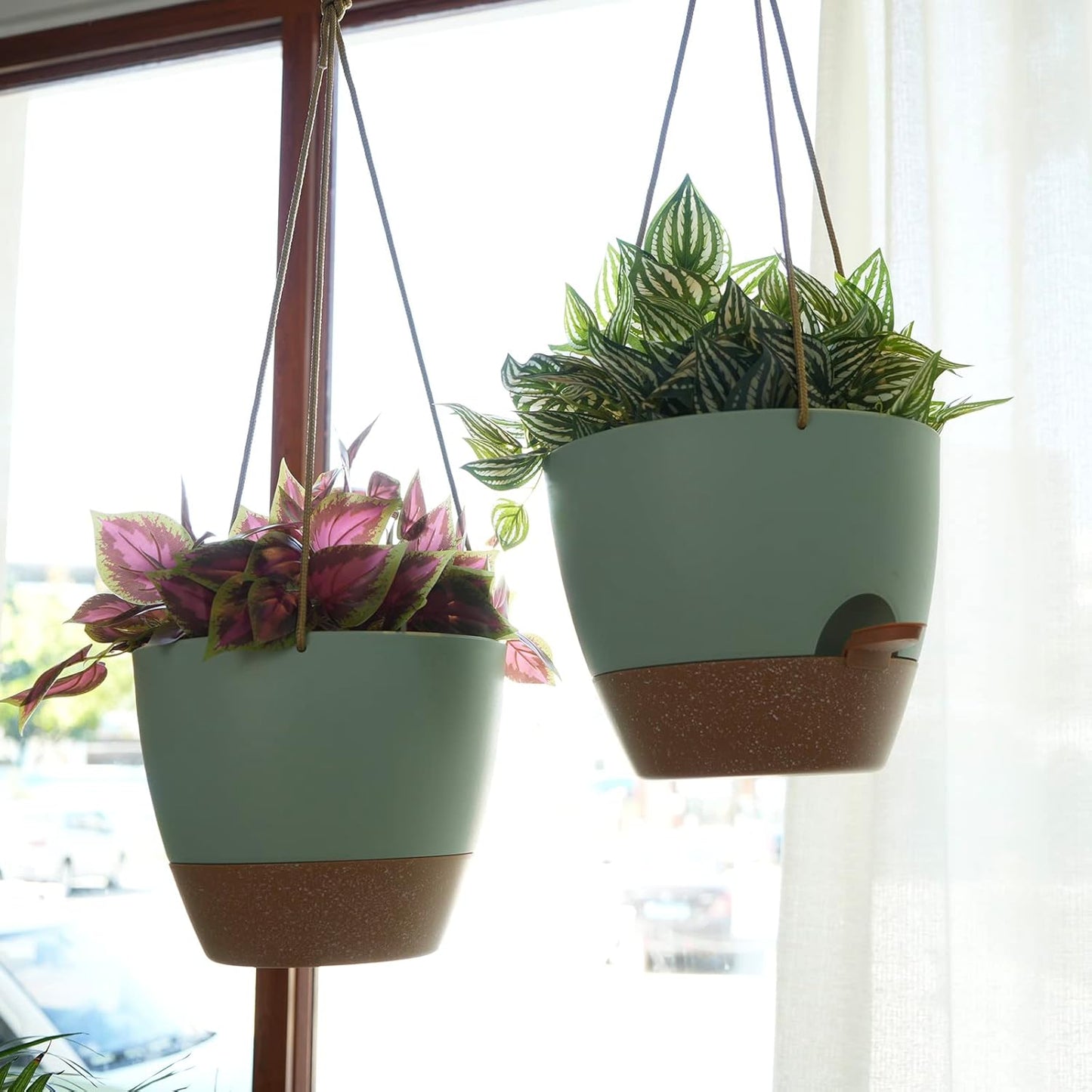 8 inch Hanging Planters, 2 Pack Self Watering Hanging Pots with 20oZ Deep Reservoir for Indoor Outdoor Plants Flowers, Green with Brown