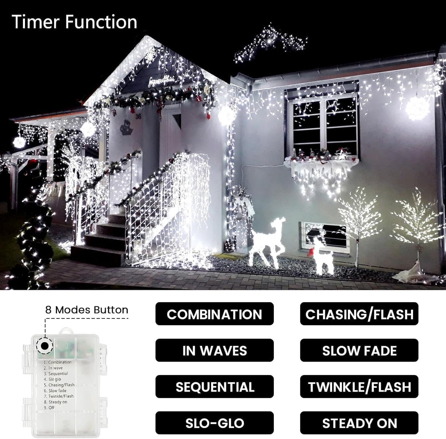 4 Pack String Lights Battery Operated with Timer, 66FT 200 LED Waterproof Battery Twinkle Lights, 8 Modes Fairy Light for Indoor & Outdoor Party Bedroom Garland Tree Christmas Decorations (Cool White)