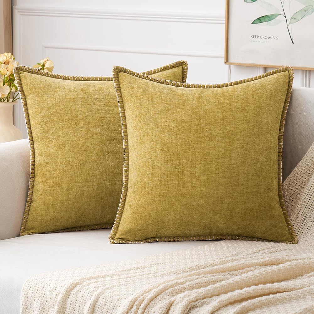 MIULEE Pack of 2 Couch Throw Pillow Covers 18x18 Inch Mustard Yellow Farmhouse Decorative Pillow Covers with Stitched Edge Soft Chenille Solid Dyed Fall Pillow Covers for Sofa Bed Living Room