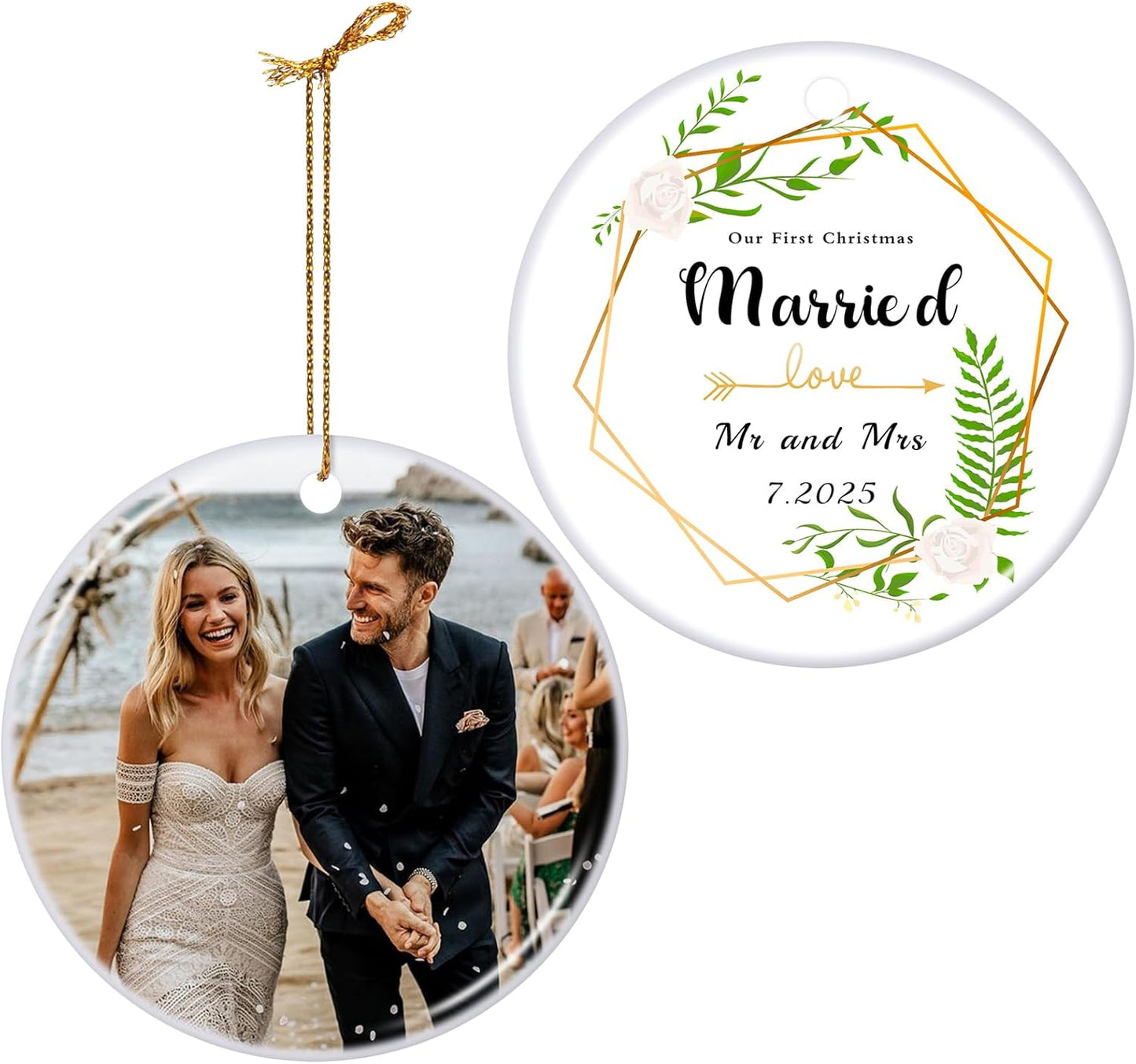 Personalized Our First Christmas Married Ornament 2025, Just Married Christmas Ornament as Mr and Mrs, First Year Newlywed 2.9" Ceramic Round Xmas Tree Decorations