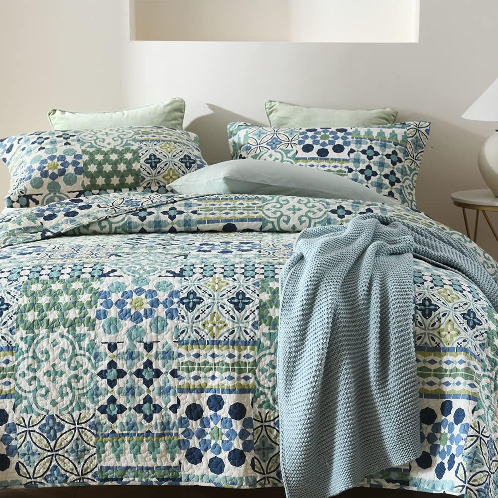 Cotton Bedspread Quilt Sets Reversible Coverlet Sets Comforters Vintage Bohemian Patchwork Bedspread (Green, Queen Size)