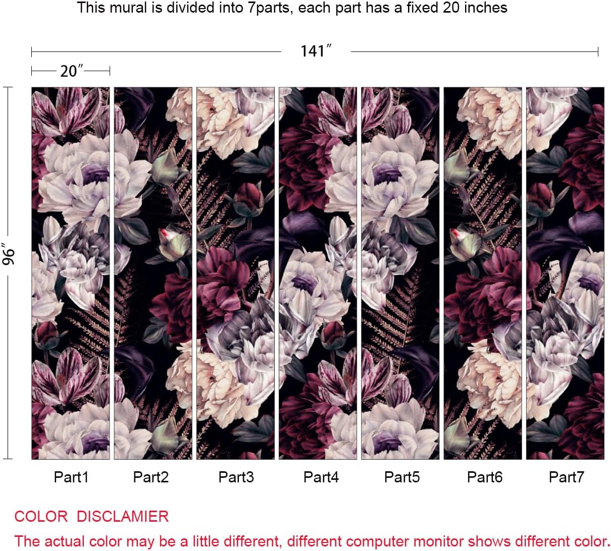 Floral Wallpaper Watercolor Dark Peony Flowers Mural Wallpaper for Bedroom Living Room (Not Peel n' Stick)