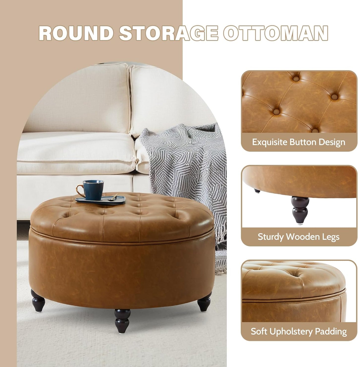 30-Inch Large Round Ottoman, Faux Leather Coffee Table with Removable Lid Top, Upholstered Footrest Modern Button Circle Storage Ottoman for Living Room, Office, PU Brown