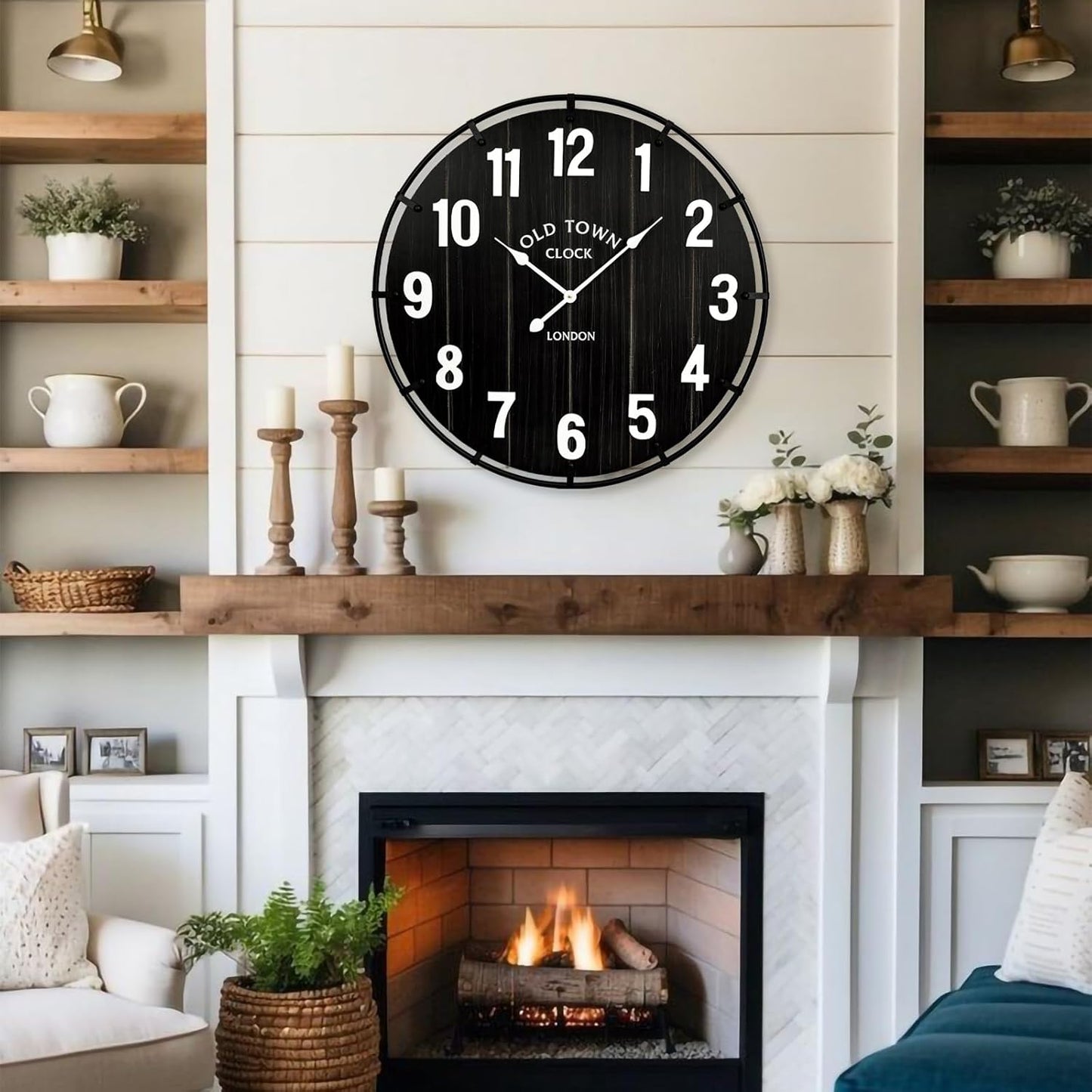 Farmhouse Black 24 Inch Wooden Large Wall Clock, Silent Non-Ticking Quartz Movement, Battery Operated Modern Rustic Clock for Living Room, Kitchen, Office, Home Decor