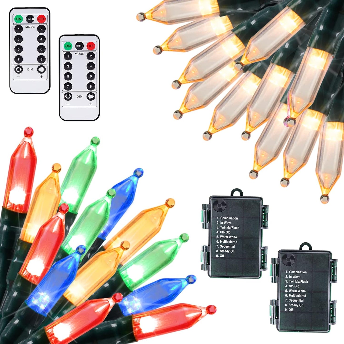 Battery Operated Christmas Lights 2 Pack 18 Feet 50 LED Clear Mini String Lights with 8 Modes Waterproof Tree Lights for Xmas Outdoor Indoor Holiday Party Garden Decor, Warm White + Multicolor