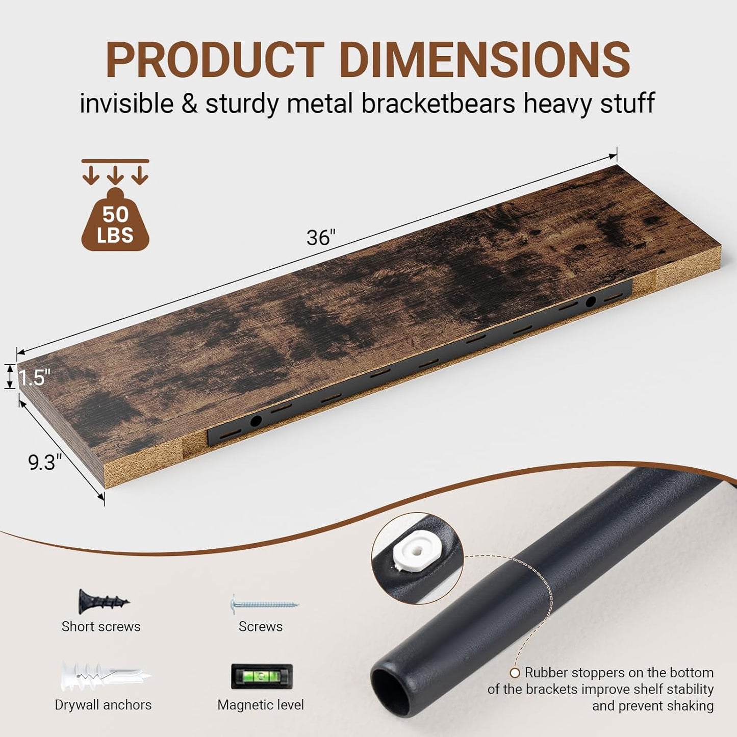 Floating Shelves for Wall 36 Inches Long,9.3" Deep Rustic Brown Floating Shelf Set of 2,Wall Mounted Shelves for Bathroom Bedroom Living Room Kitchen Office,Shelf for Books Storage,Home Decor