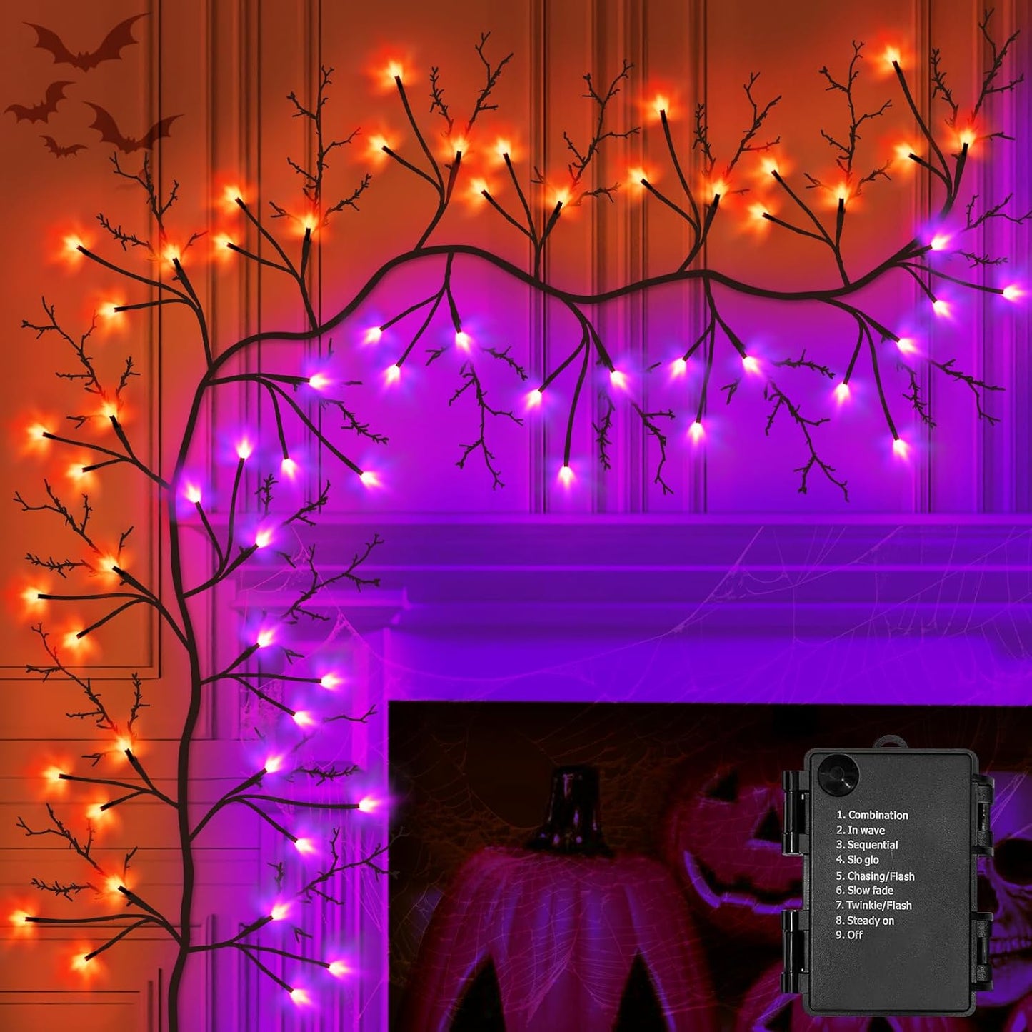 7 Ft Halloween Decorations Willow Vine Twig Garland with 8 Modes Timer 63 LED Orange Purple Lights, Halloween Garland with Waterproof Battery Operated for Wall Fireplace Decorations Indoor Outdoor