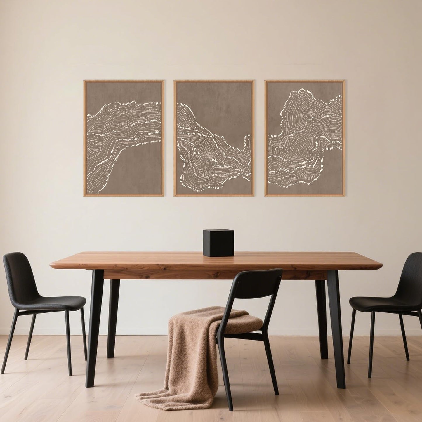 Geometric White Tan Wave Framed Canvas Wall Art Set, Abstract Line Art Painting, Modern Minimalism Wall Decor, Neutral Art Print for Living Room, Bedroom, Dining Room, Office - 16"x24"x3