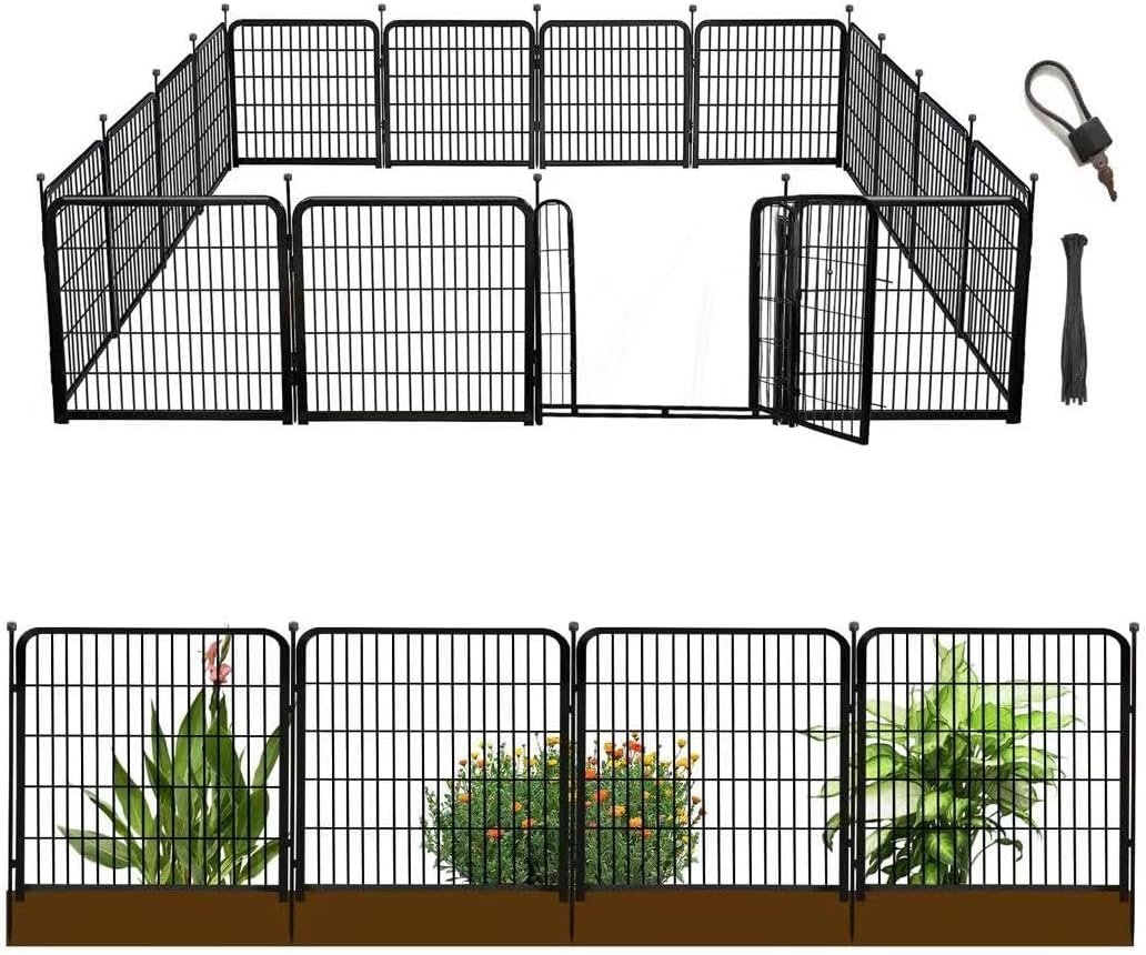 Animal Barrier Fence, 40 in(H)×27 in(L) 14 Panels Total 31 Ft(L), Garden Fence with Gate, Flower Bed Fencing, Black Metal Decorative Garden Fencing, Fence for Dogs Outside