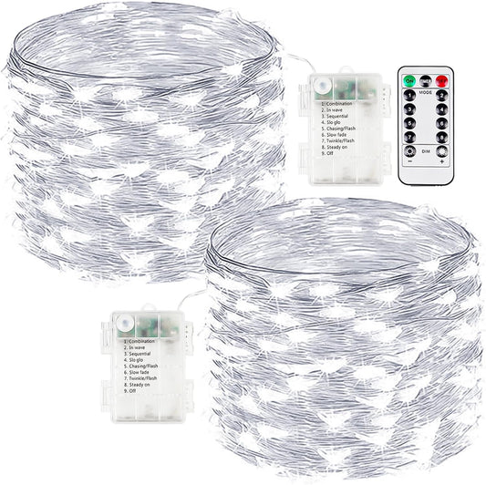 2-Pack Fairy Lights Battery Operated with Remote, Waterproof 33FT 100 LED Battery String Lights Outdoor Indoor, 8 Modes Twinkle Lights with Timer for Bedroom Wedding DIY Christmas Decor (Cool White)