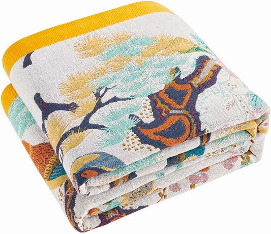 Fall Throw Blanket for Couch, Yellow Boho Decorative Throw Blanket, 100% Cotton Muslin Breathable Woven Farmhouse Blankets Quilt, 90"x98" Reversible Lightweight Blankets Bohemian Throw Quilt