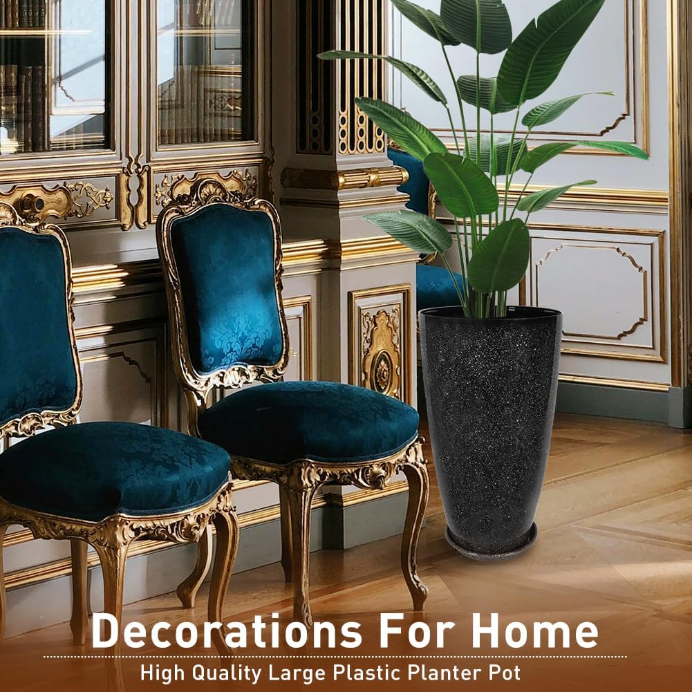 2 Pcs Pack 21 Inches Plastic Resin Tall Tapered Planter Pots Large Round Planter Flower Pot with Drainage Holes for Indoor Outdoor Deck Porch Garden Home Patio Front Door (Black, L)