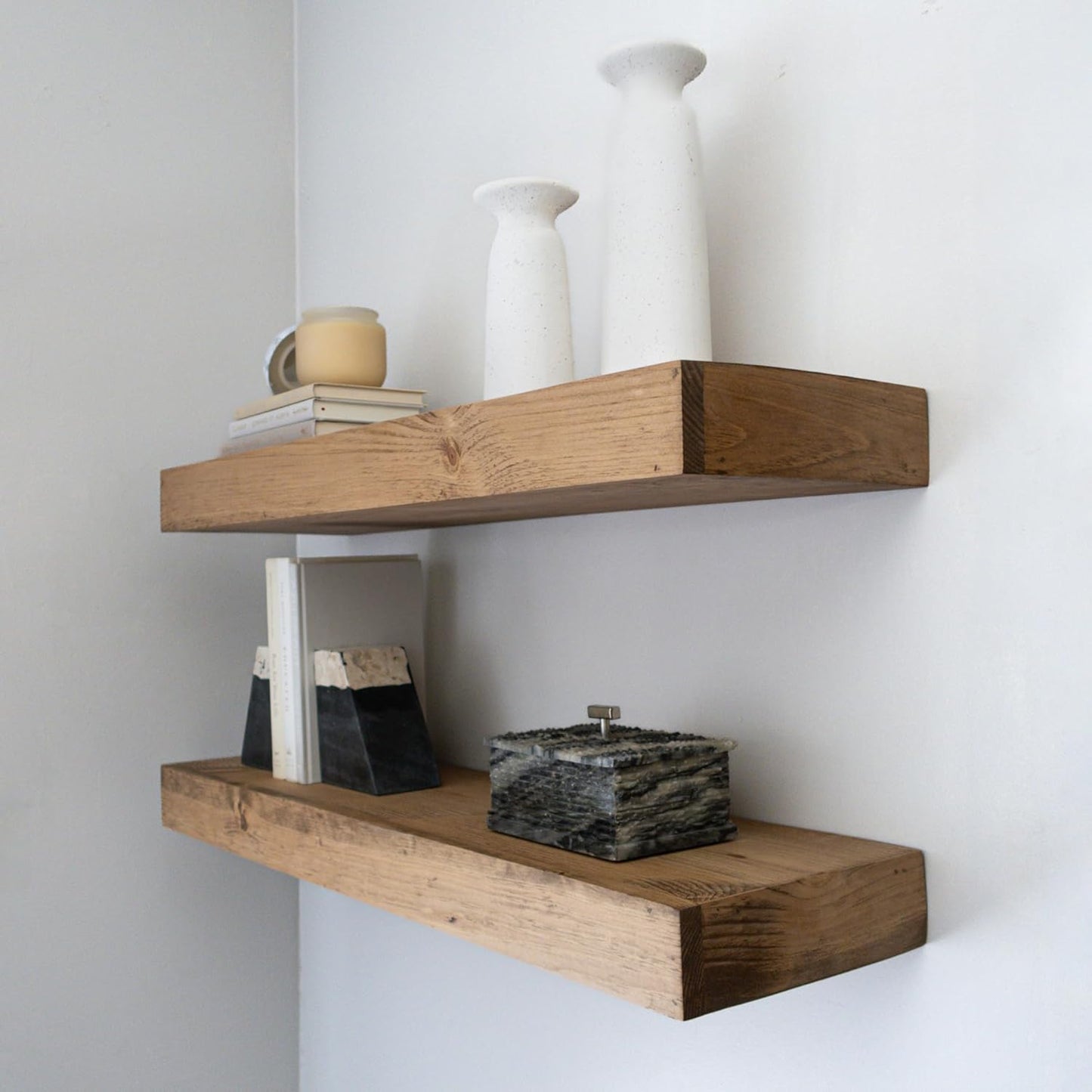 Modern Floating Shelves 3 Inches Thick for Wall, Wide Shelves for Kitchen, Living Room, Bedroom, and Bathroom, Natural Pine Wood, Rustic Wooden Shelf, (Set of 2) (Aged Oak, 24Lx3Hx6D)