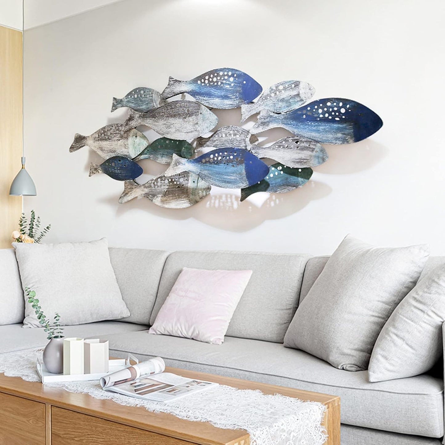 FMXYMC Coastal Ocean Metal 3D Fish Wall Sculpture, 50" x 20", Hand Painted Hanging Decoration for Living Room/Bedroom/Dining Room