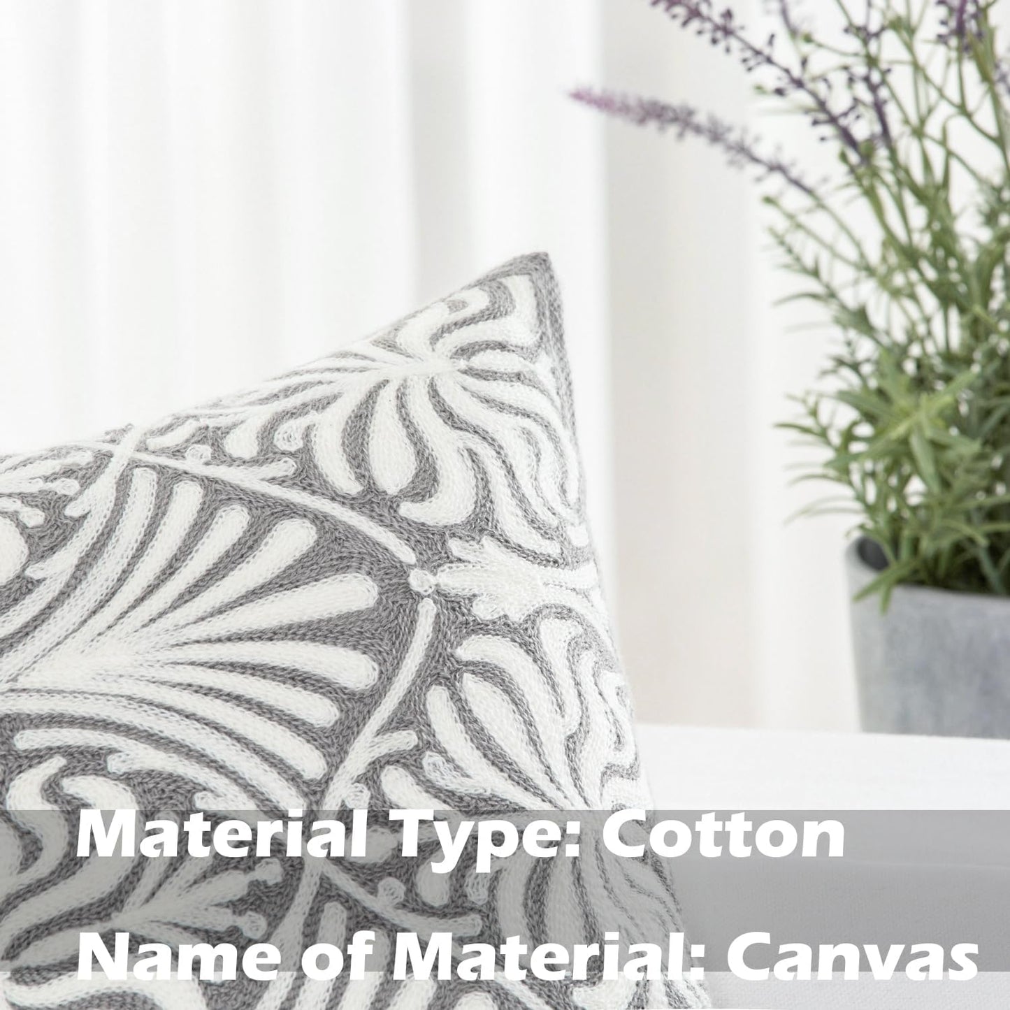 HWY 50 Grey Gray Decorative Lumbar Pillow Cover Rectangle 12x20 Inch (1 Piece), Embroidered Cotton Farmhouse Cushion Cover Pillow Case for Sofa Couch Living Room Bed, Minimalist Floral