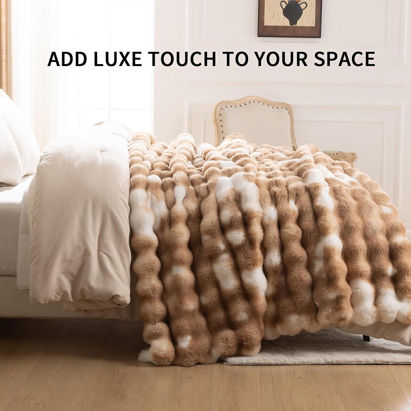 Cozy Faux Fur Throw Blanket for Bed Warm Fuzzy Throw Blanket, Soft Plush Thick Bubble Blankets for Bedroom and Living Room, Furry Luxury Blanket, 60 x 80, Tie-Dye Brown