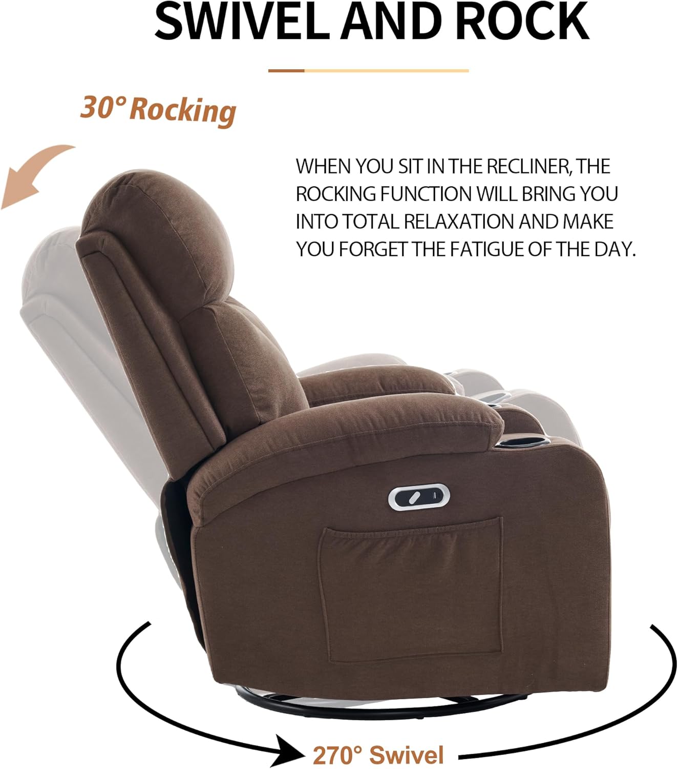 Swivel Power Recliner Chair for Adults with Full Body Massage, Electric Rocker Recliner Chairs for Living Room with USB and Type-C Ports, Fabric Rocking Reclining Sofa Chair (Cocoa Brown)