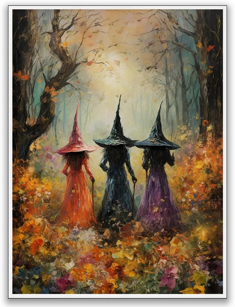 Generic Halloween wall art Posters,Beautiful witches coven amongst the wildflowers art print witches in the woods mystical Witchy Farmhouse Prints,Dark Academia Gothic Room Decor 12x16in Unframed