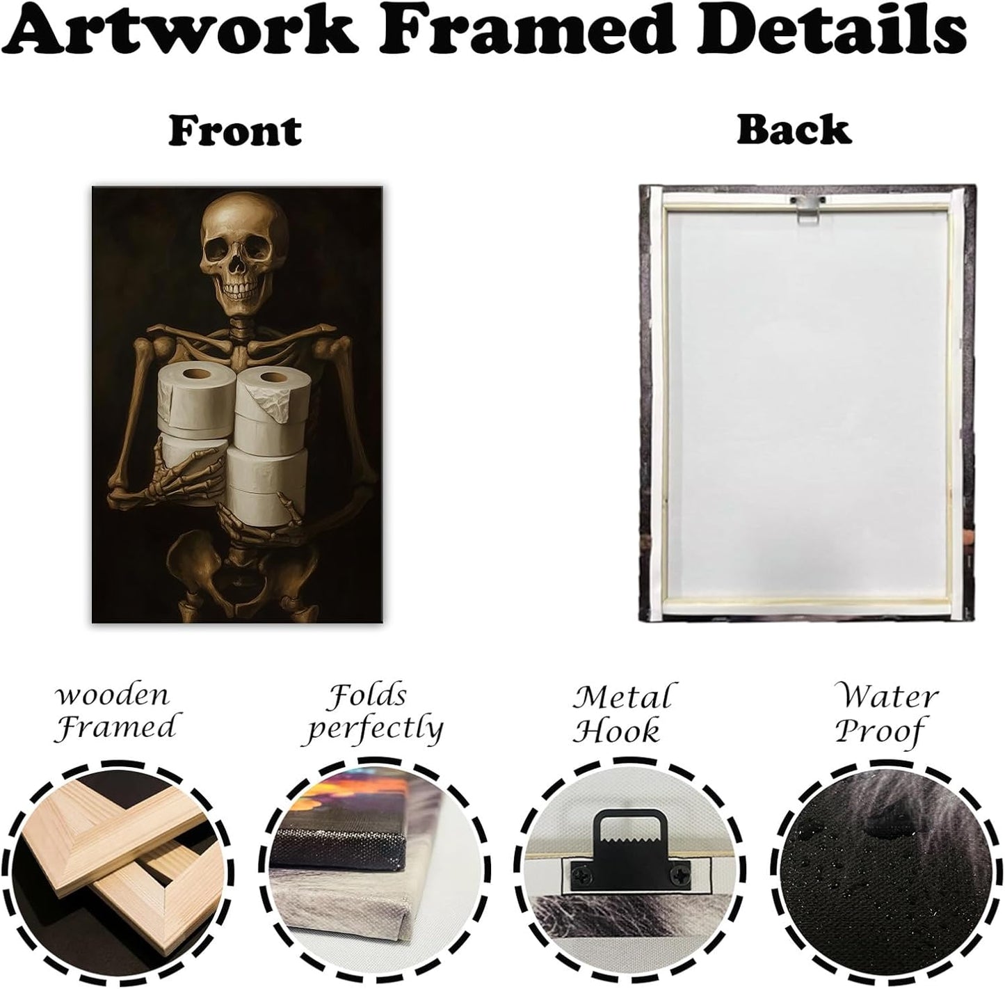 Gothic Skull Wall Art Funny Skeleton with Toilet Paper Canvas Print Vintage Skull Painting Framed Artwork for Living Room Home Halloween Wall Decor(Artwork-8,16"x24")