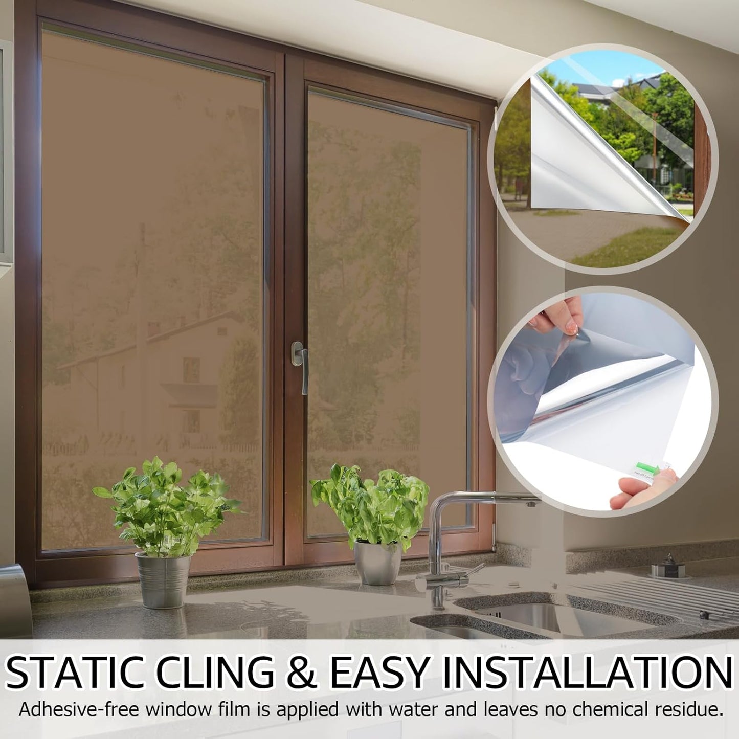 HIDBEA One Way Mirror Window Film, Daytime Privacy Sun Blocking Reflective Window Film Static Cling Heat Control Window Tinting Film for Home and Office, Brown Silver, 35.4 x 393.7 Inch