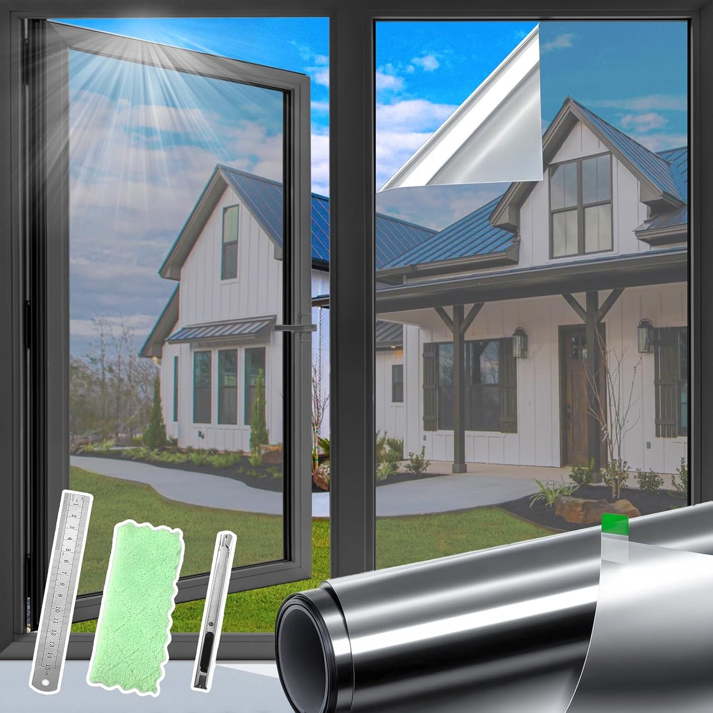 DUOFIRE One Way Window Film Privacy See Out Not in Heat Blocker Tint Reflective Mirror Tinting Film for Home Static Cling Anti-UV Sun Blocking Window Covering（Dark Silver, 35.4x78.7in）