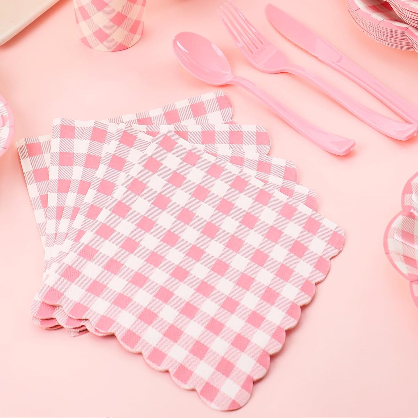 175 Pcs Pink Gingham Plates and Napkins Party Supplies - Pink and White Checkered Plates Sets Serve 25 Guests - Scalloped Gingham Paper Plate for Birthday Wedding Picnic Party Decorations