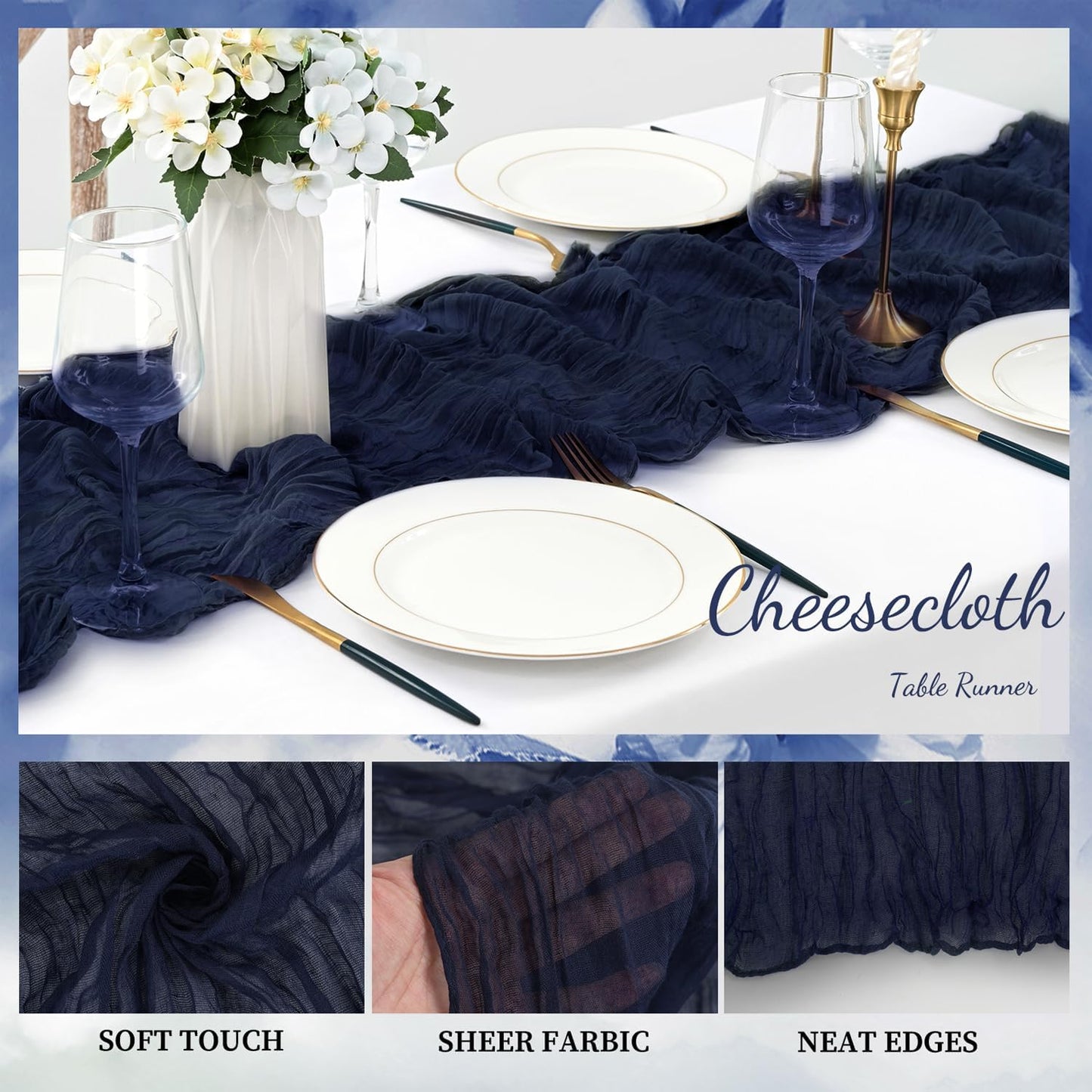 6 Pack Navy Blue Cheesecloth Table Runner 10FT Boho Fabric Rustic Cheese Cloth Table Runner for Wedding Bridal Shower Baby Shower Gauze Sheer Birthday Party Table Decorations 20 x 120 Inch Long