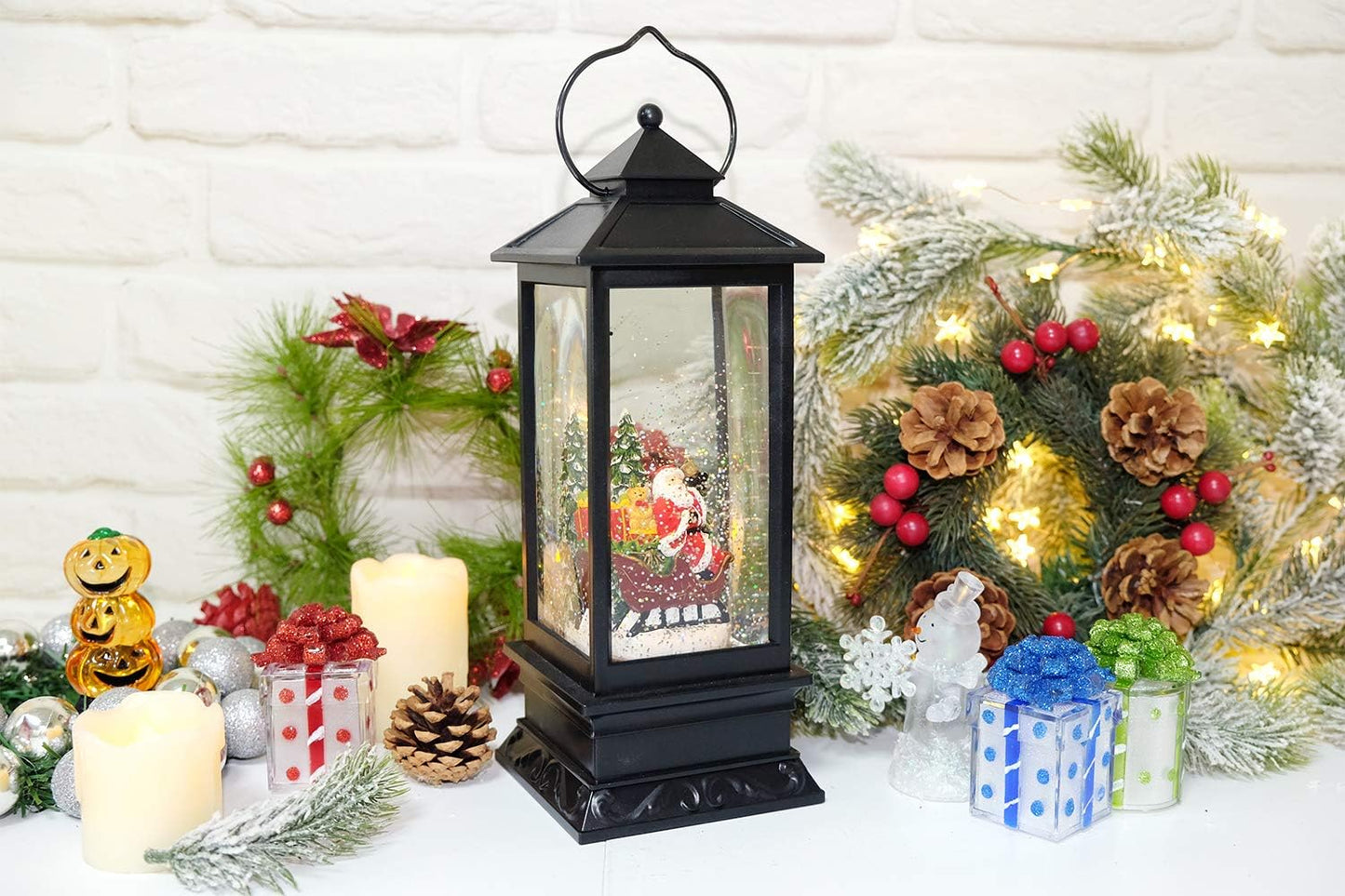 Eldnacele Singing Battery Operated & Plug-in Musical Lighted Christmas Snow Spinning Water Glittering Snow Globe Lantern Home Decoration and Gift, Santa Claus
