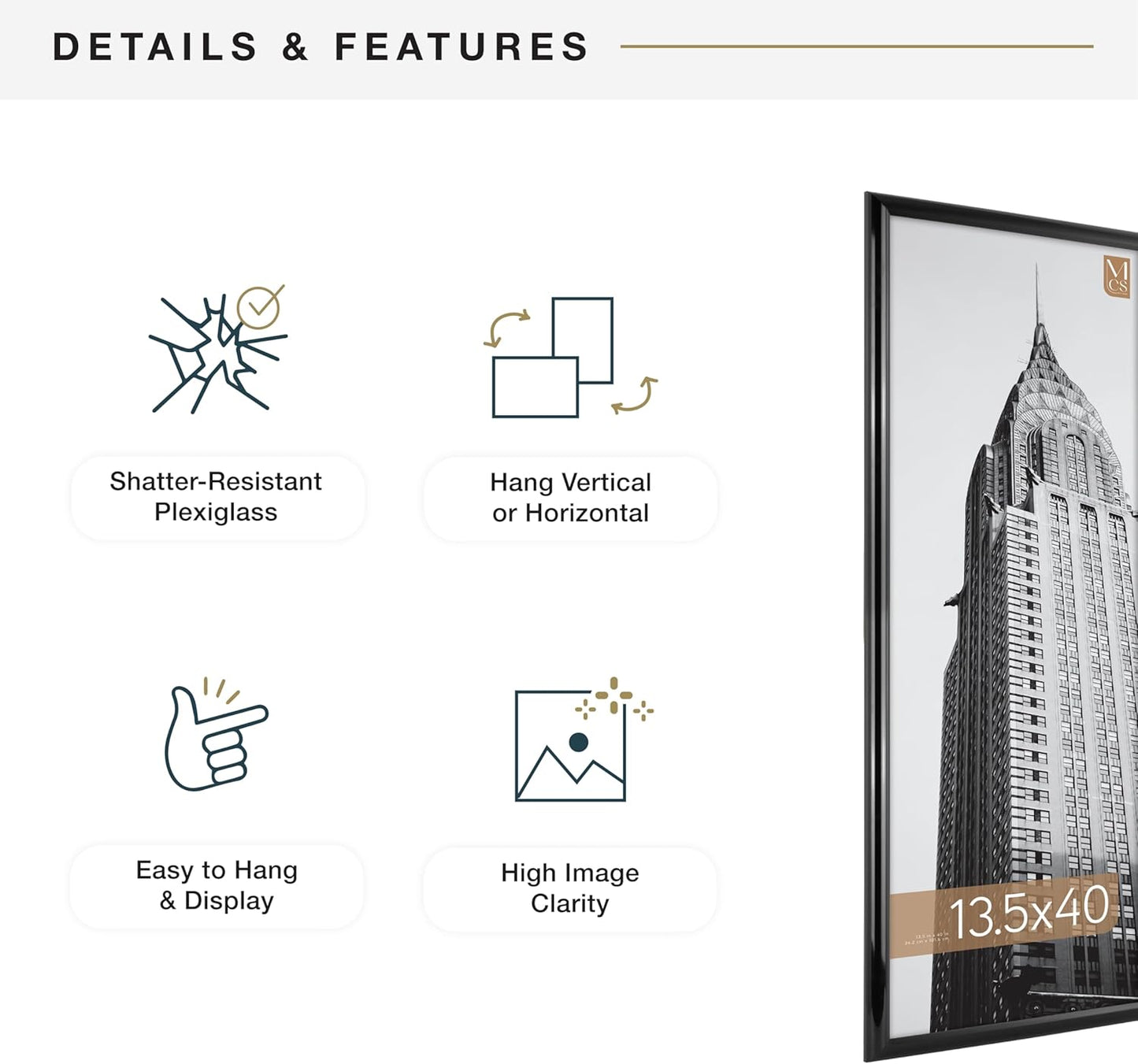 MCS Trendsetter 13.5x40 Poster Frame Black High-Gloss, Vertical & Horizontal Wall Hanging Large Picture Frame for Photos, Posters & Art Prints (2-Pack)