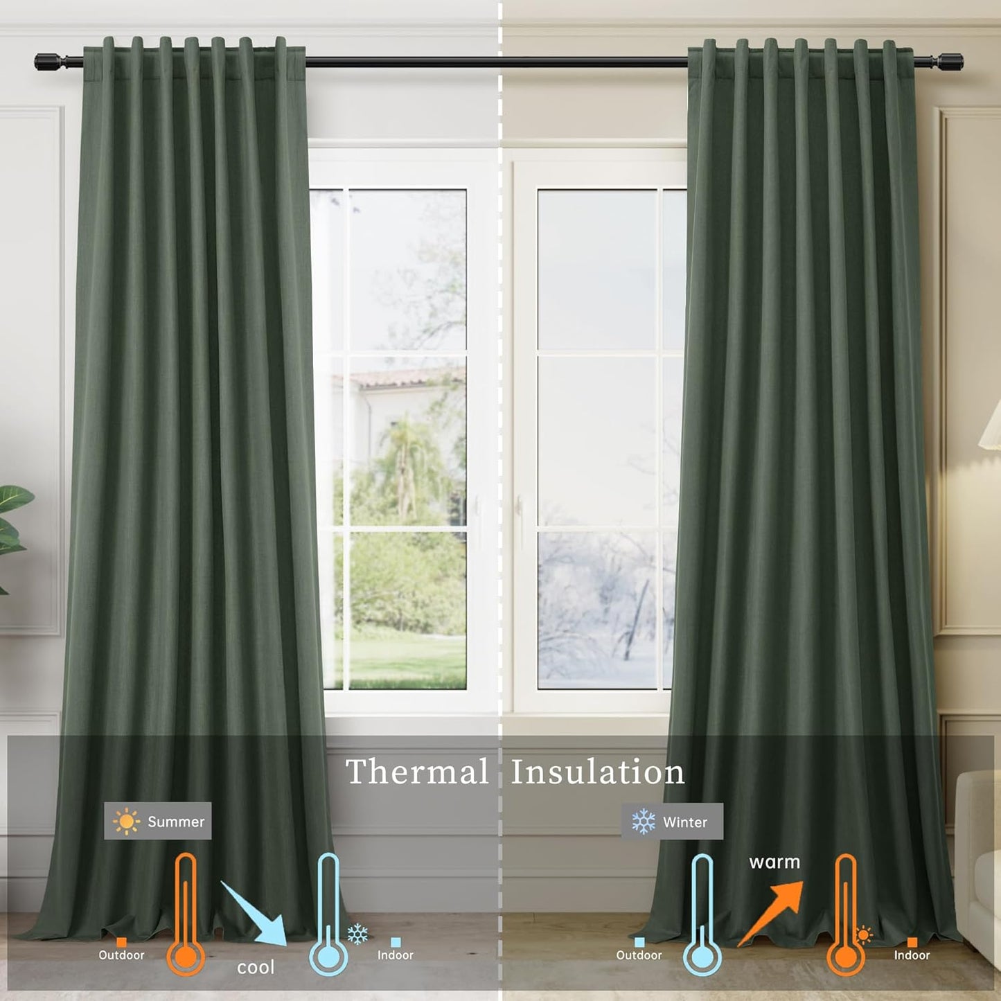 Olive Green Linen 100% Blackout Curtains for Bedroom 102 Inch Long 2 Panels Window Curtain Floor To Ceiling Length for Living Room Sliding Glass Door Back Tab Room Darkening Drapes Loden 52x102