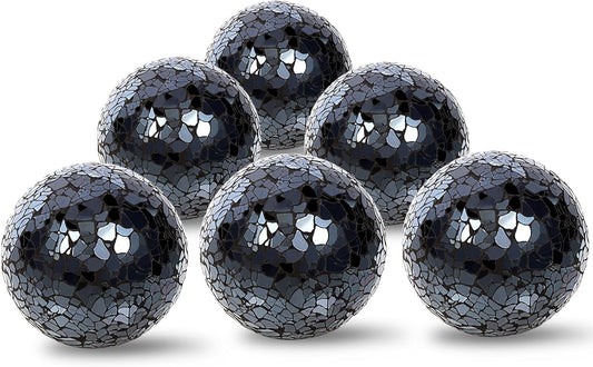 6pc Decorative Ball Set - 6cm/2.4inch Mosaic Glass Orbs for Centerpieces, Table Decor, Wedding Party (Black)