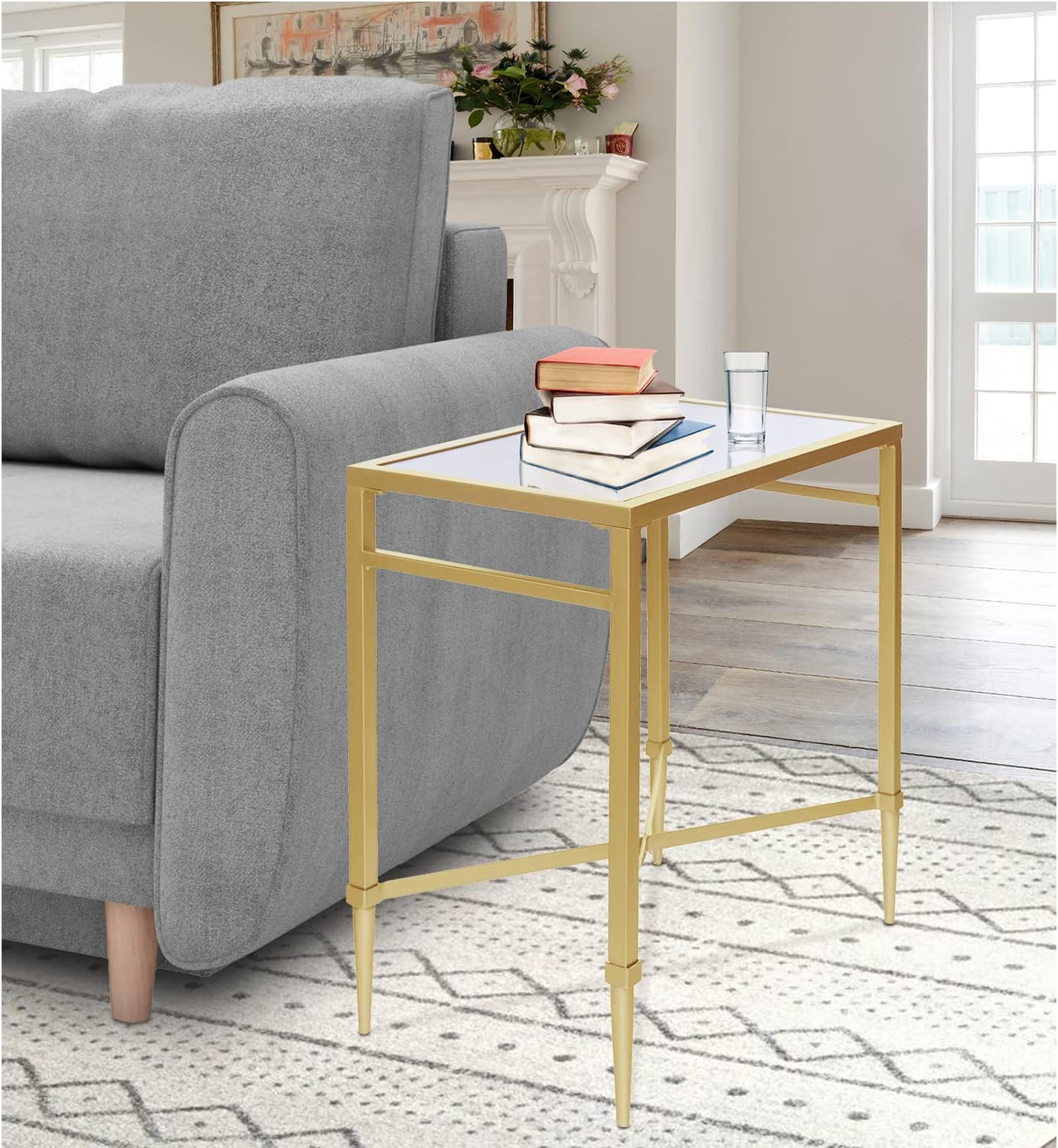 Gold End Table, Rectangle Side Table with Mirrored Top, Modern Metal End Table, Small Narrow Side Table for Living Room, Balcony, 22" L x 12.4" W x 24" D