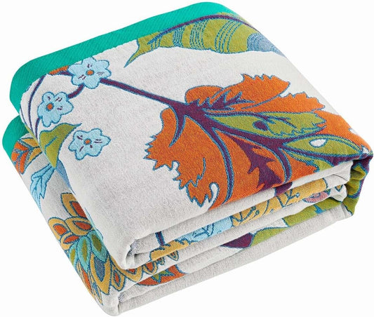Summer Throw Blanket, 50"x60" Reversible Bohemian Flower Blanket, 100% Cotton Muslin Breathable Woven, Farmhouse Decorative Throw Blanket