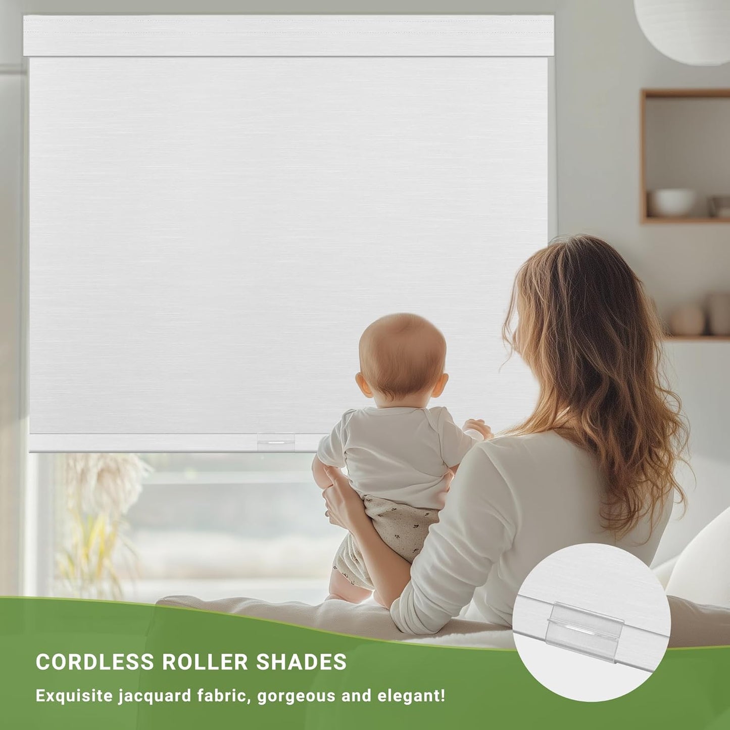 Blackout Roller Shades for Indoor Windows, Cordless Jacquard Fabric-Matched Roller Blinds, Easy to Install Privacy UV Protection Roll Up Blinds for Home Office, Pure White, 26" W x 72" H