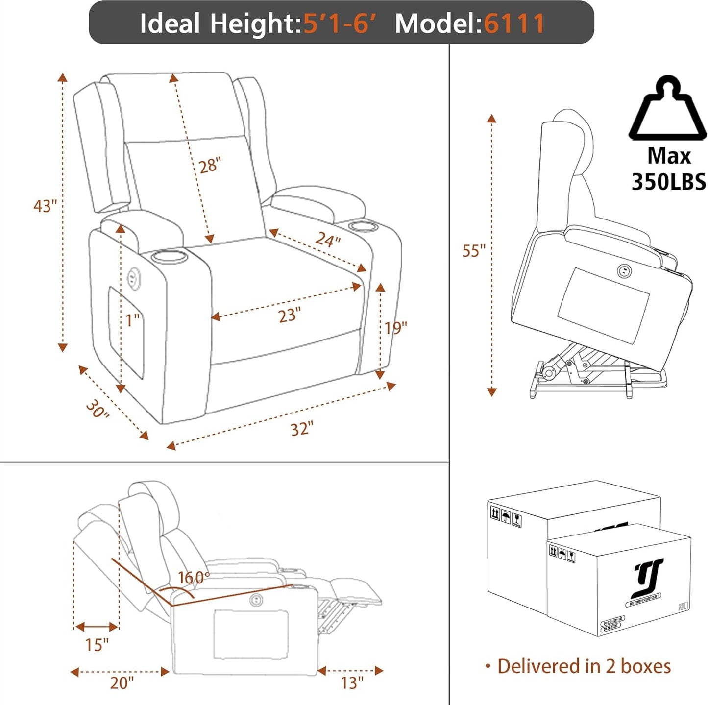 Lift Recliner Chair for Adults with Massage and Heating, Power Lift Recliner Chairs for Elderly, Corduroy Fabric Reclining Chair with USB &Type-C Port, Cup Holders, L6111 (Blue)