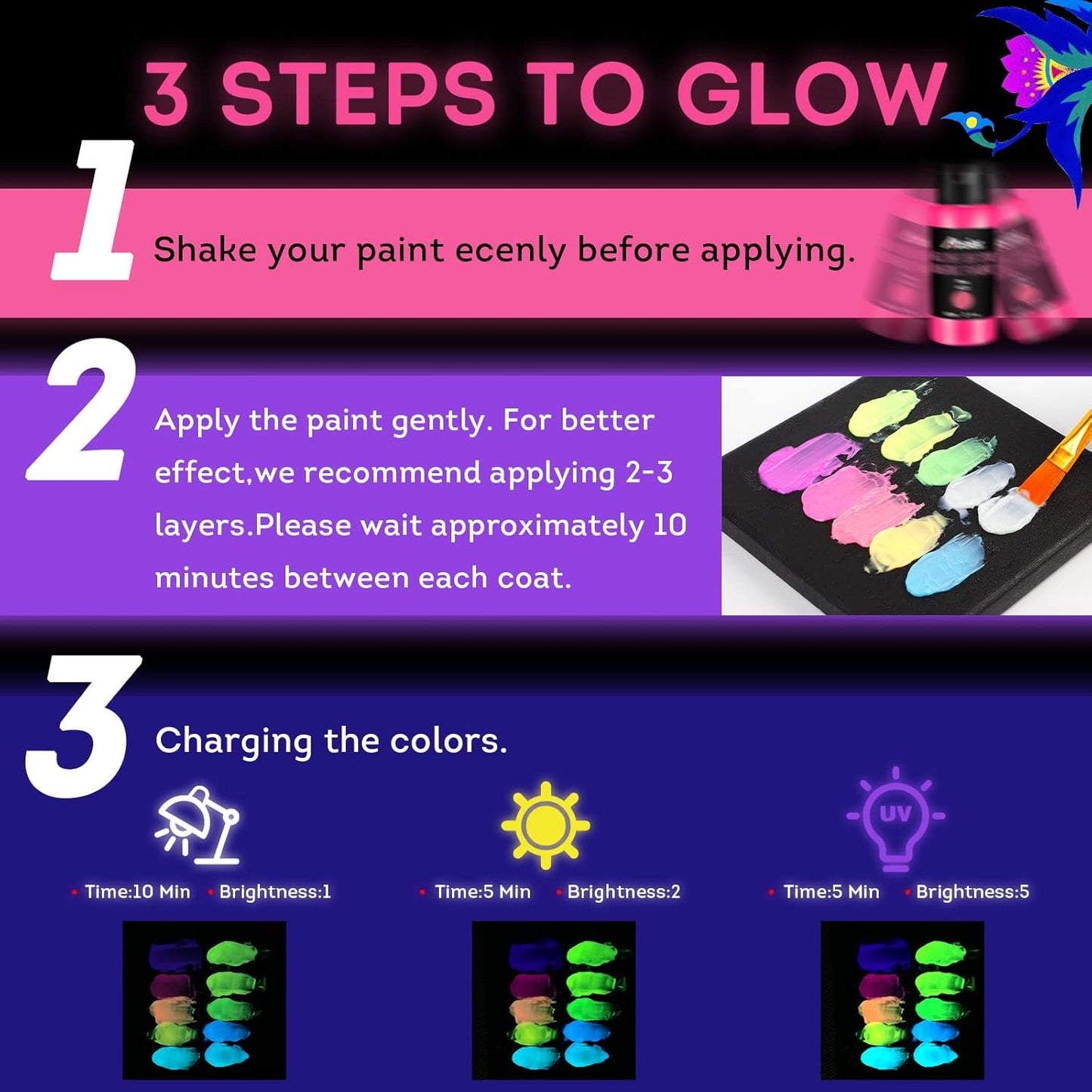 ABEIER Glow in the Dark Acrylic Paint - 10 Bright Colors (60ml/2oz) Long Lasting Glow Fluorescent Paint for DIY Projects, Halloween, Easter, Christmas Decorations