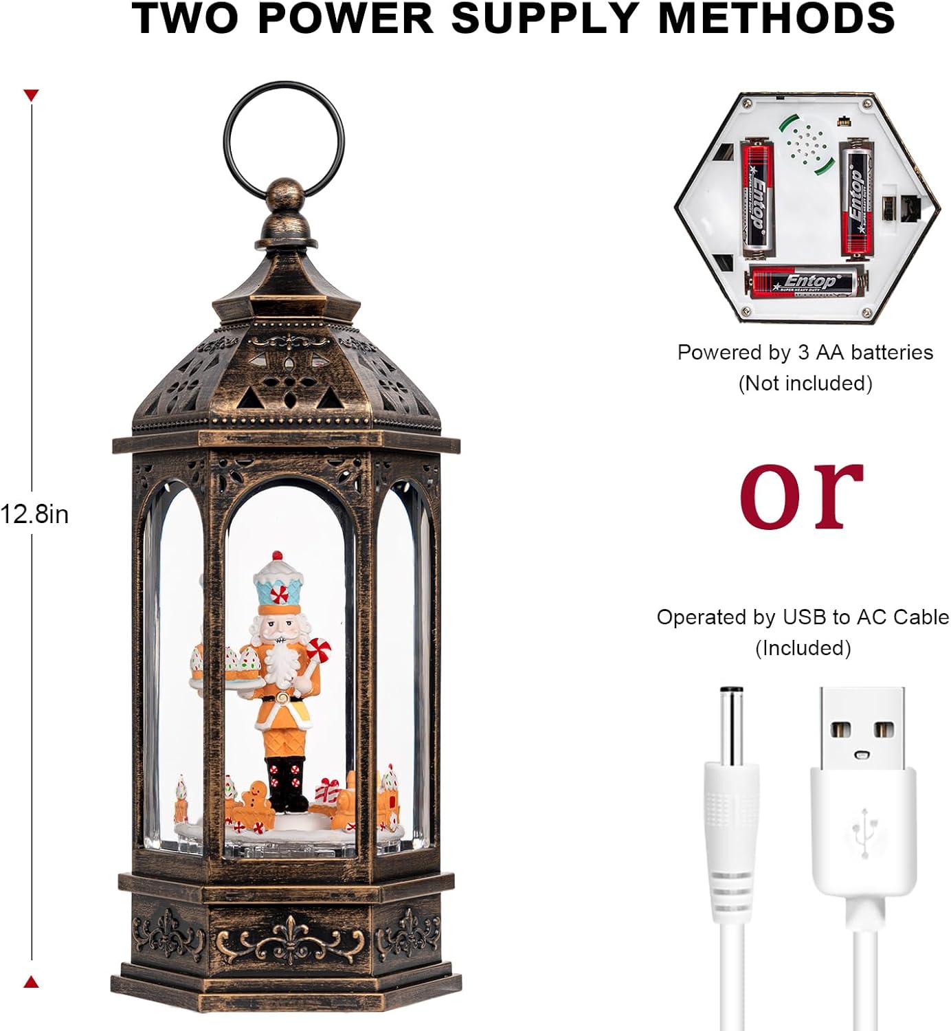 Animated Gingerbread Nutcracker with Moving Figurines Lighted Water Lantern, USB Lined/Battery Operated Snow Globe for Christmas Festival Decoration Gifts