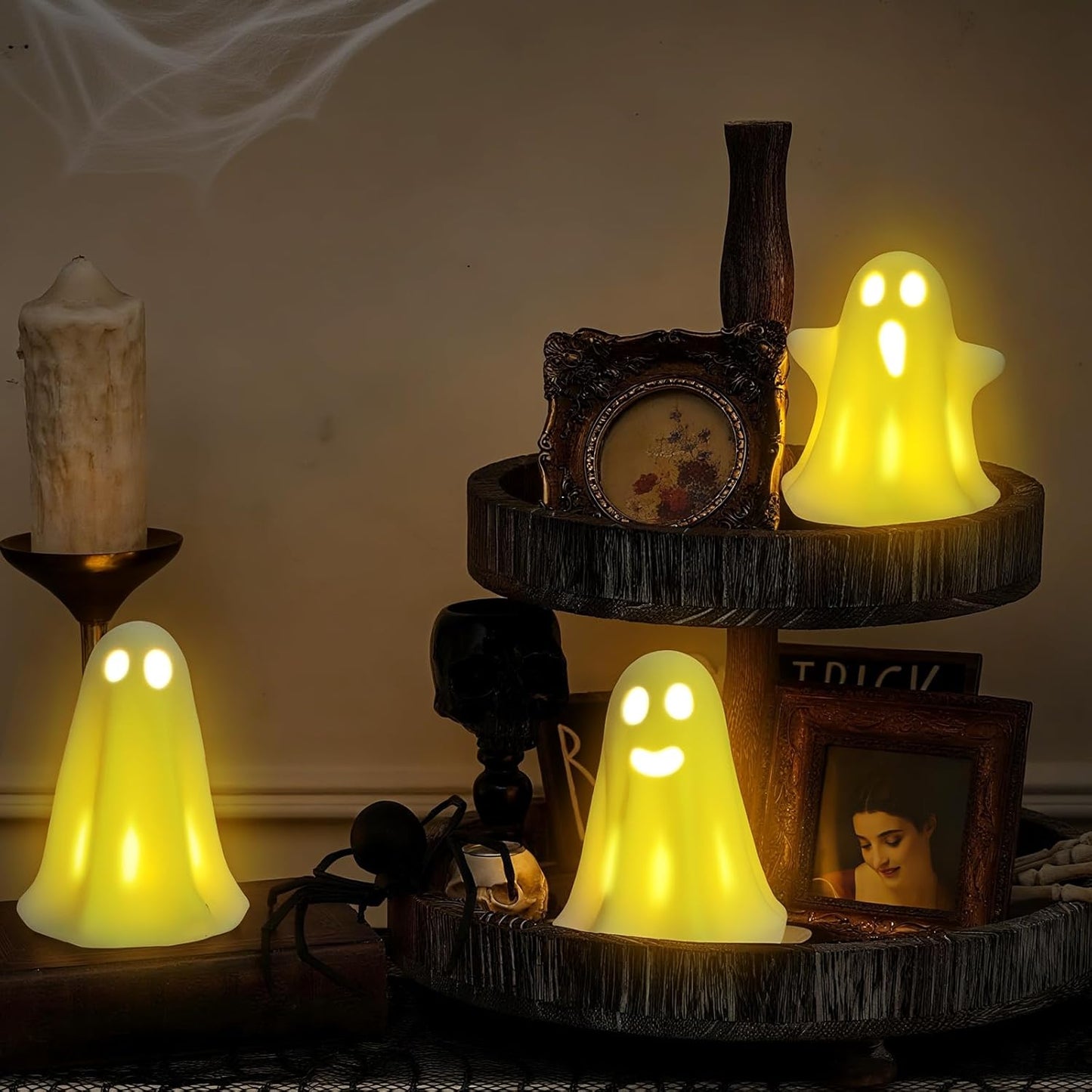 [Timer] Light Up Ghost Halloween Decor, 3 Pcs Ceramic Halloween Ghost Decorations Indoor, Cute White Ghost Figurines Statue for Indoor Decor Home Table (A)
